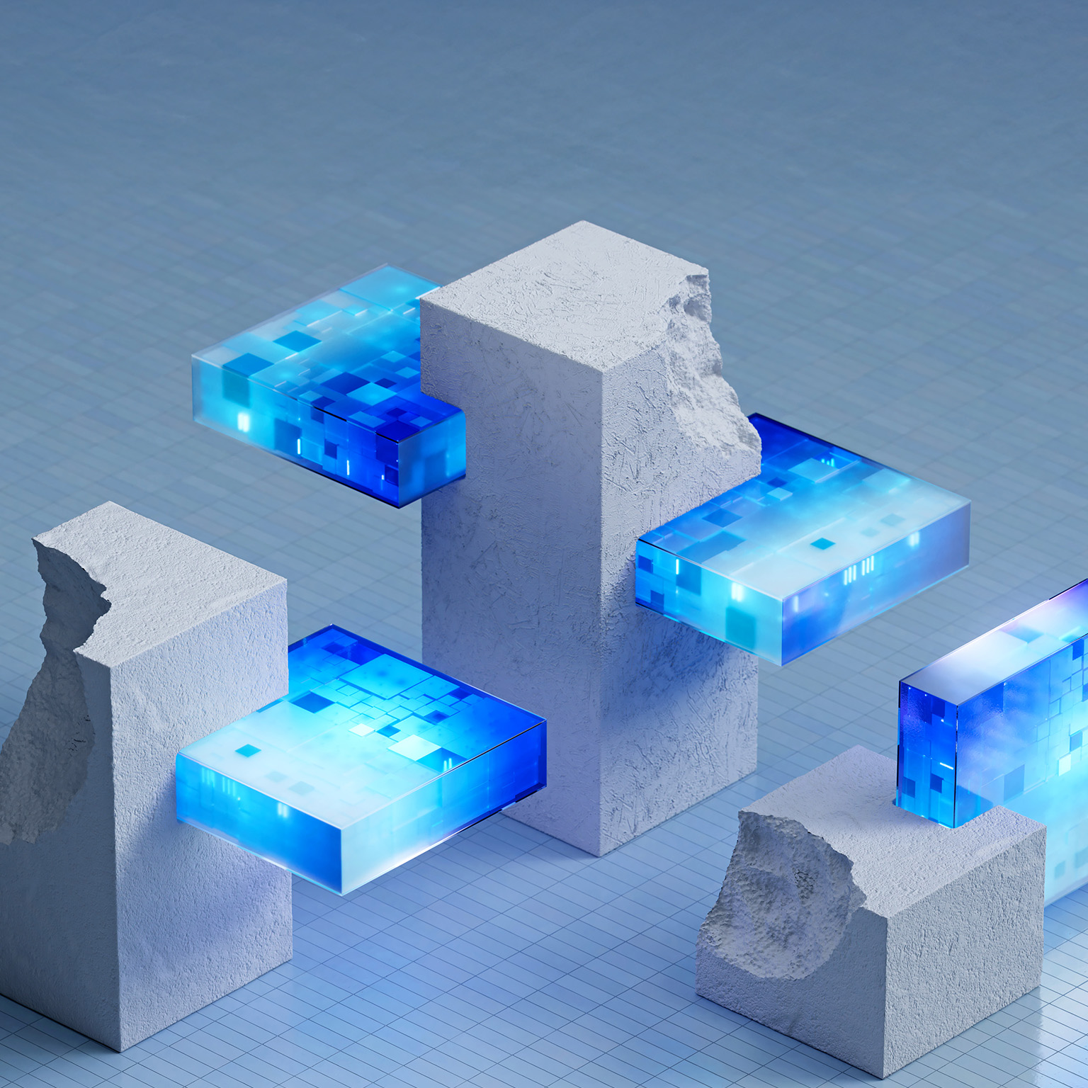 Abstract 3D scene of glowing blue digital blocks embedded in rough white stone structures on a grid-like surface.