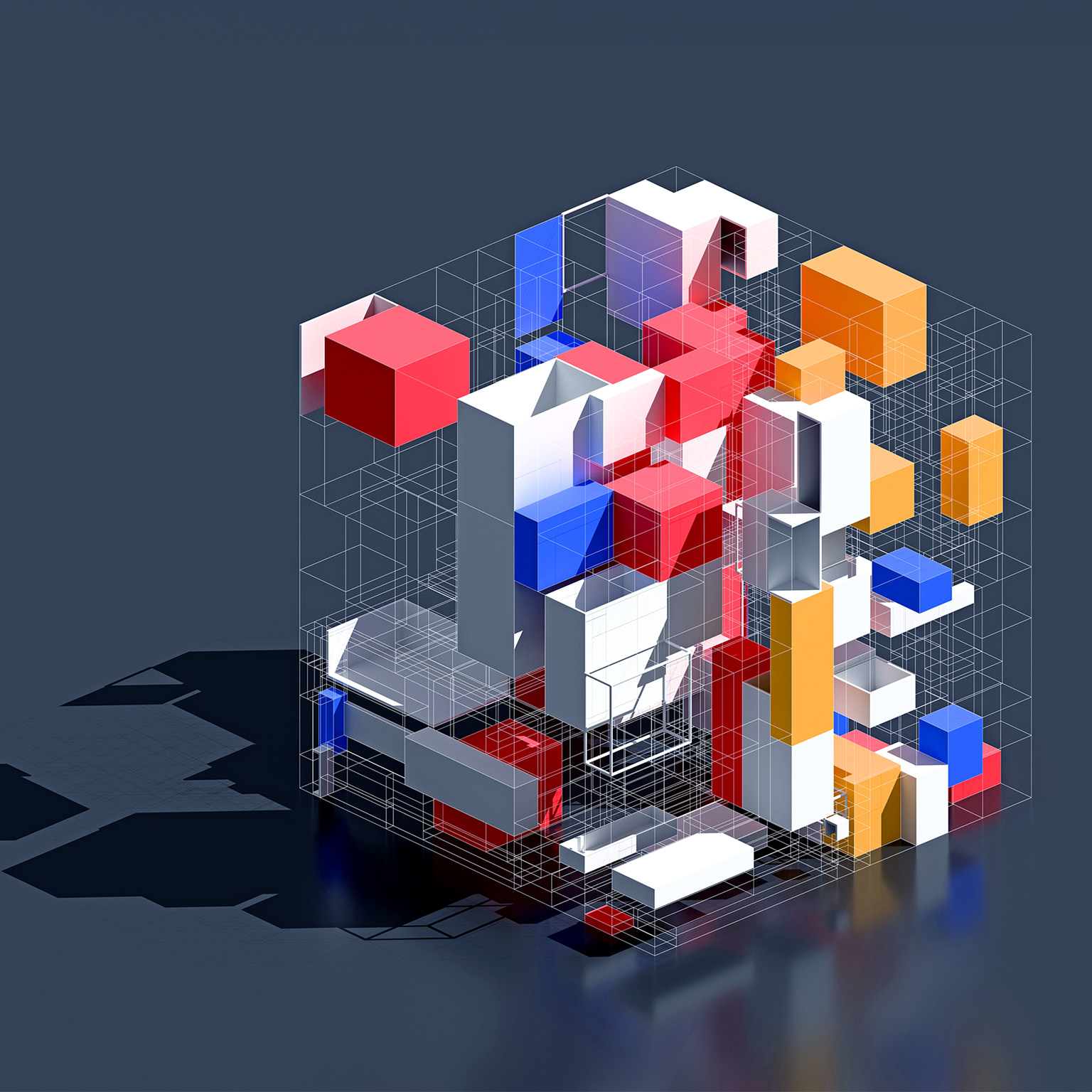 Abstract 3D composition of colorful geometric blocks arranged within a transparent wireframe cube on a dark reflective surface.