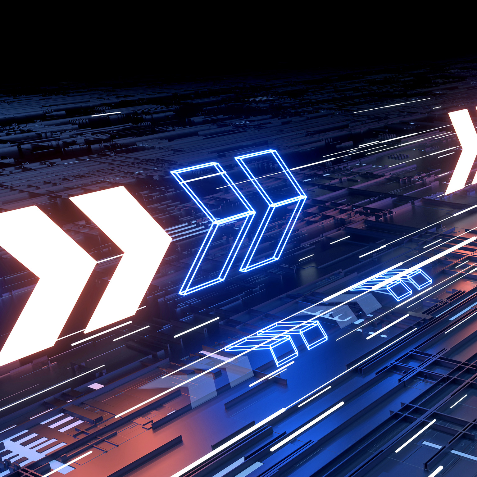 Image of neon 3D arrows streaking up and across a dark, geometric landscape.