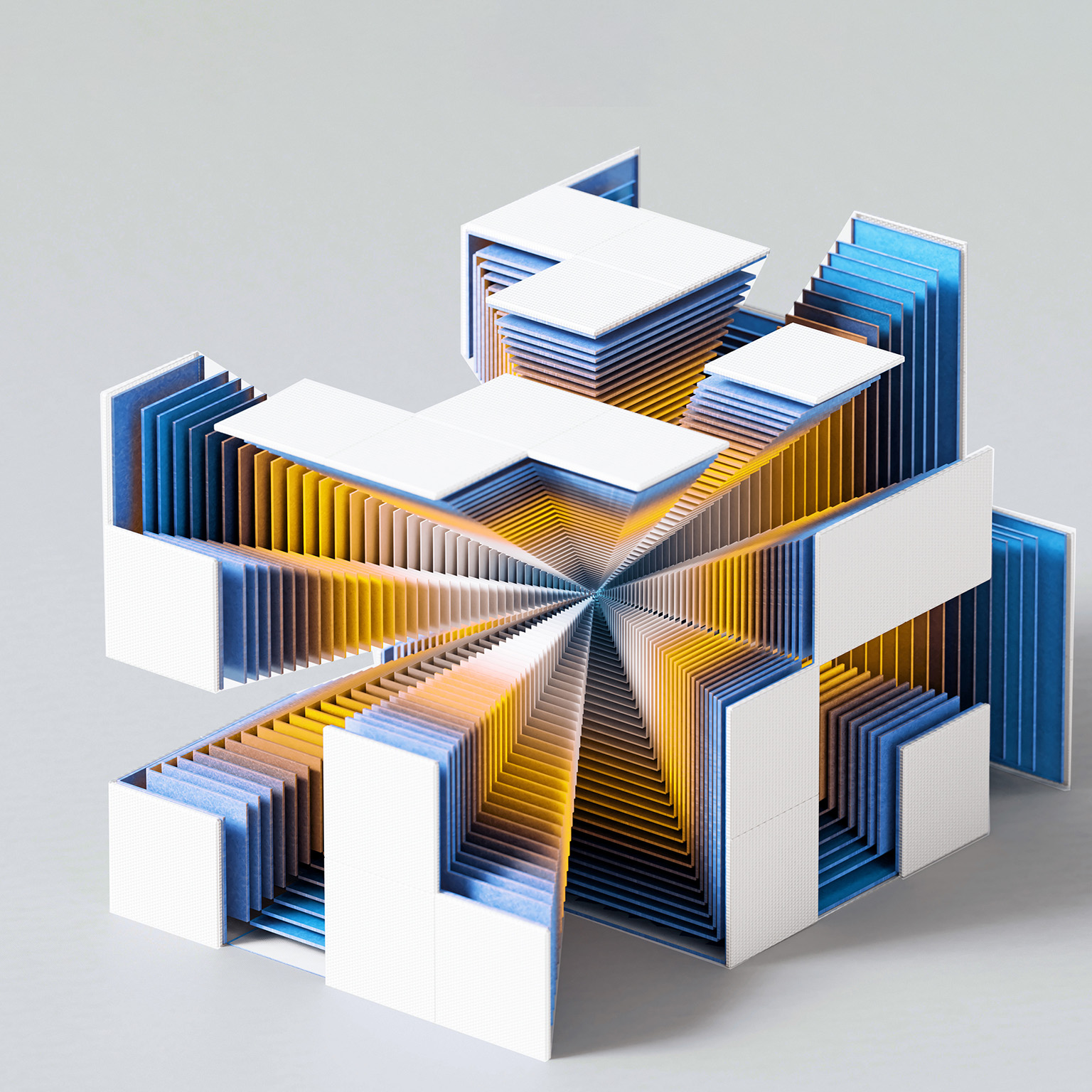 Digital generated image of a futuristic cube exploding into colorful layers