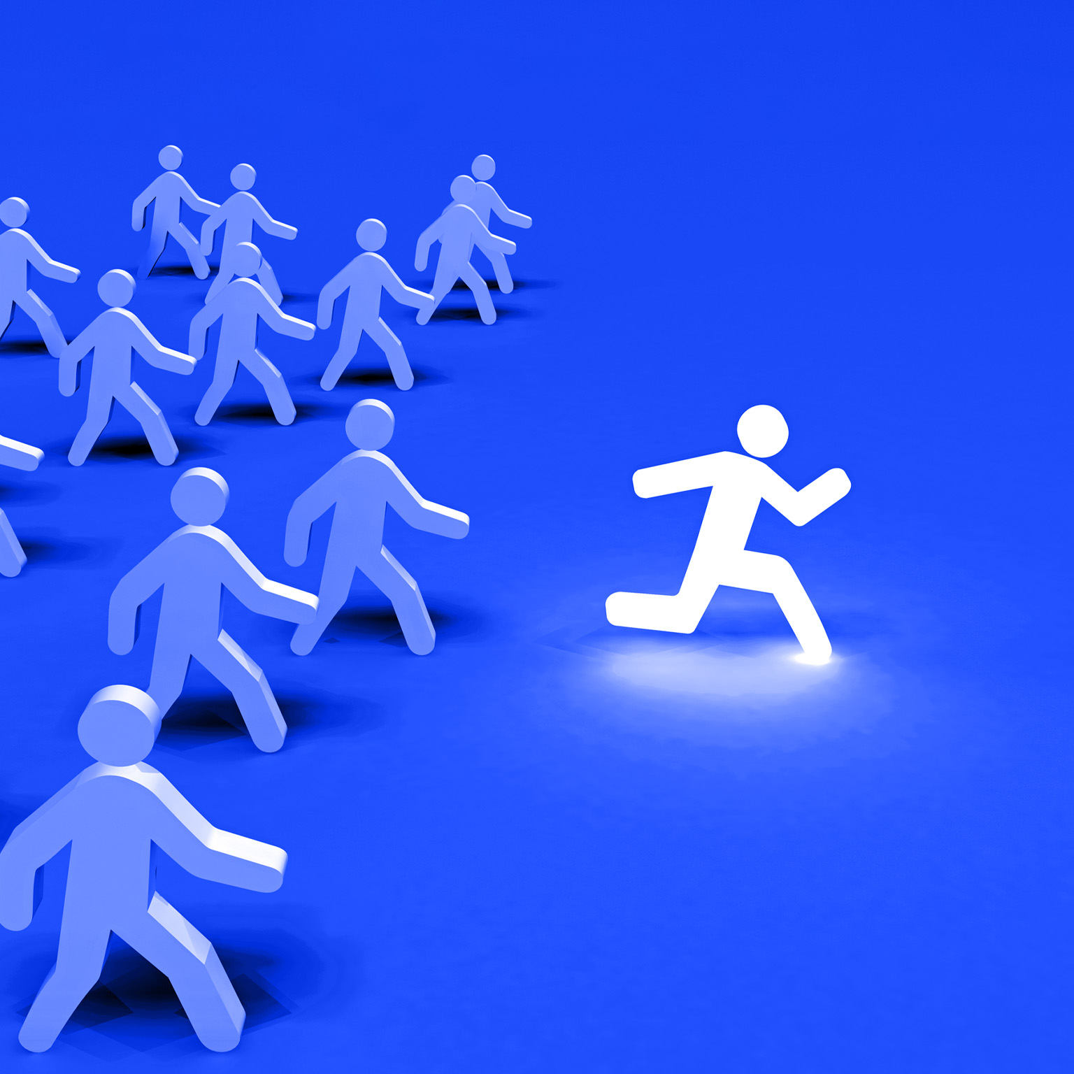 A group of stick figures walking while one sprints ahead. The figure in the lead glows with light.