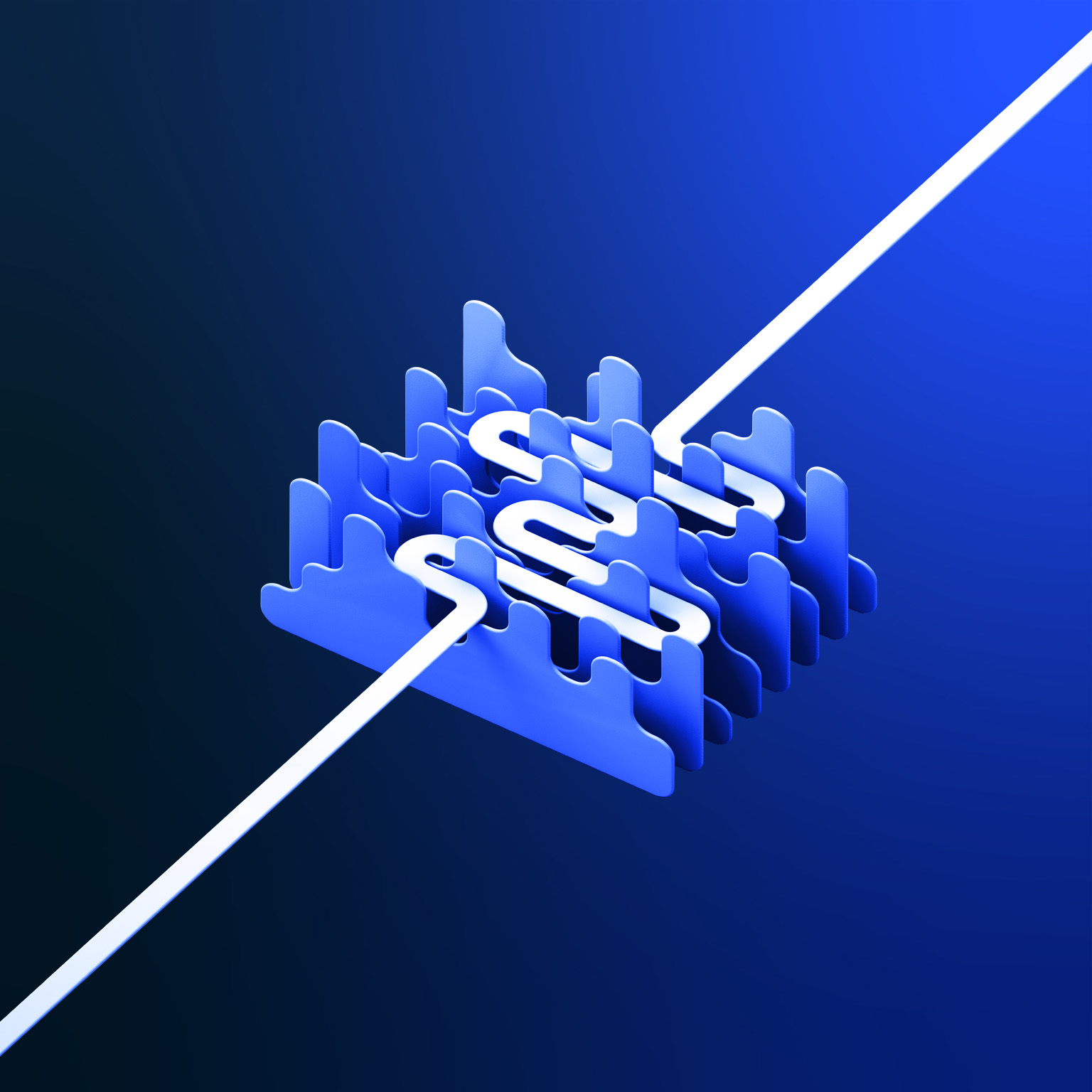 A white path winding its way though a series of dense abstract obstacles. The path continues straight after it exits.