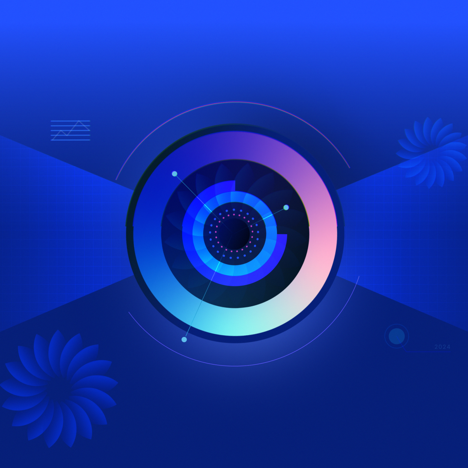 A vibrant blue abstract design featuring a central circular element with geometric patterns, surrounded by lines, stylized flowers, and subtle grid patterns