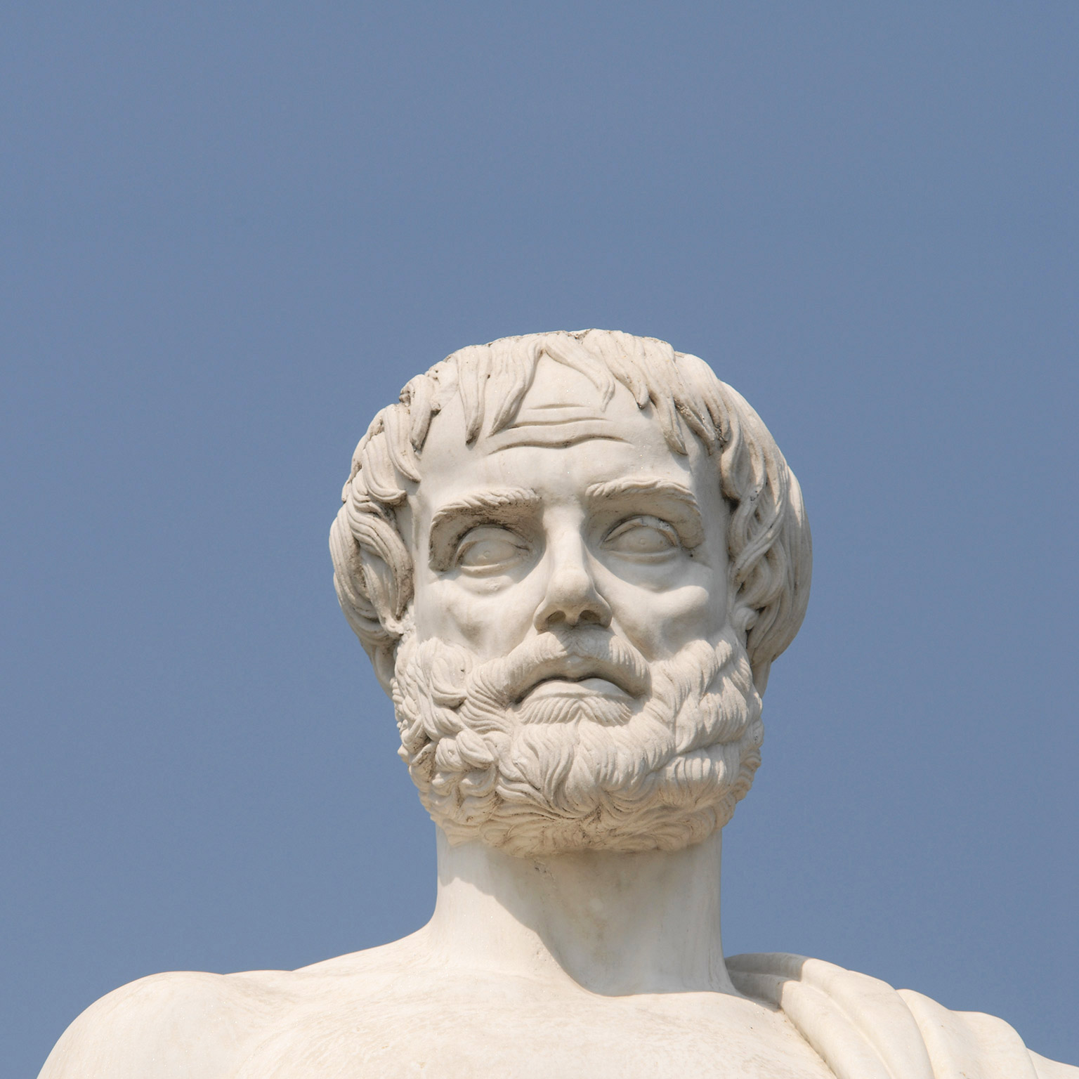 Close up view of white Greek statues head with a blue background.