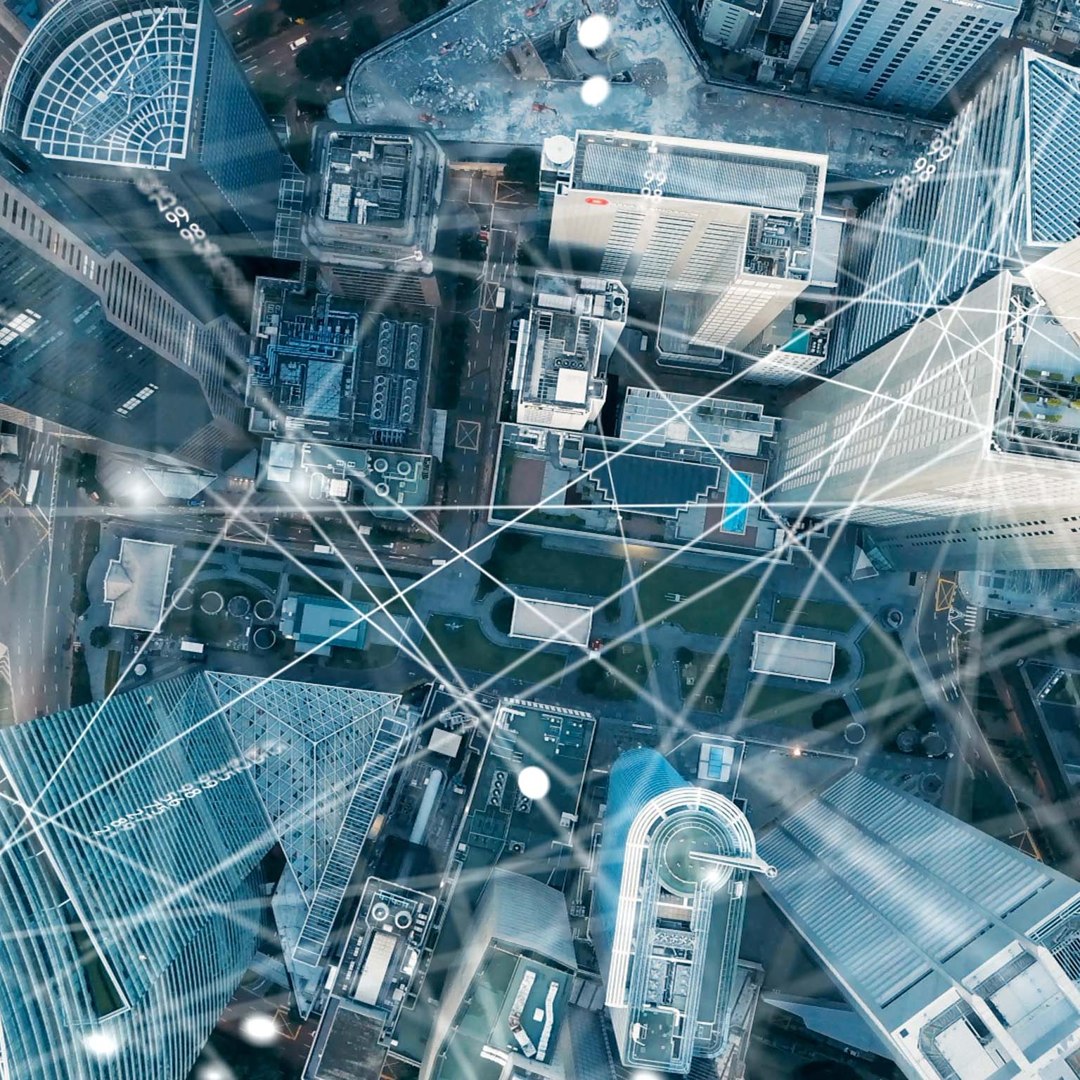 Aerial view of Singapore Skyline with network connections.