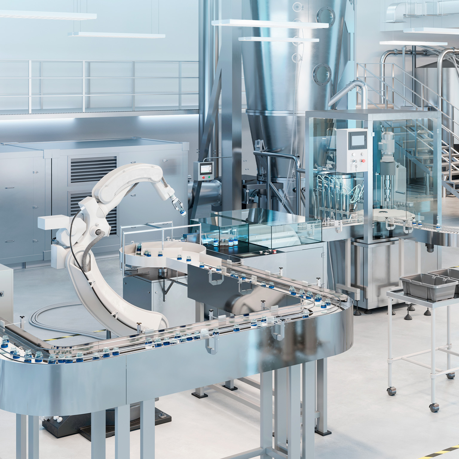 3D rendering of an automatic medicine manufacturing plant. Robotic arm working on medicine manufacturing production line.
