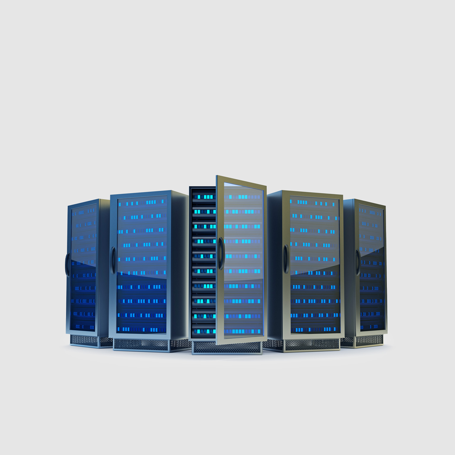 Five dark gray commercial server racks illuminated with blue lights. The central rack has its front door open, revealing the hardware inside.