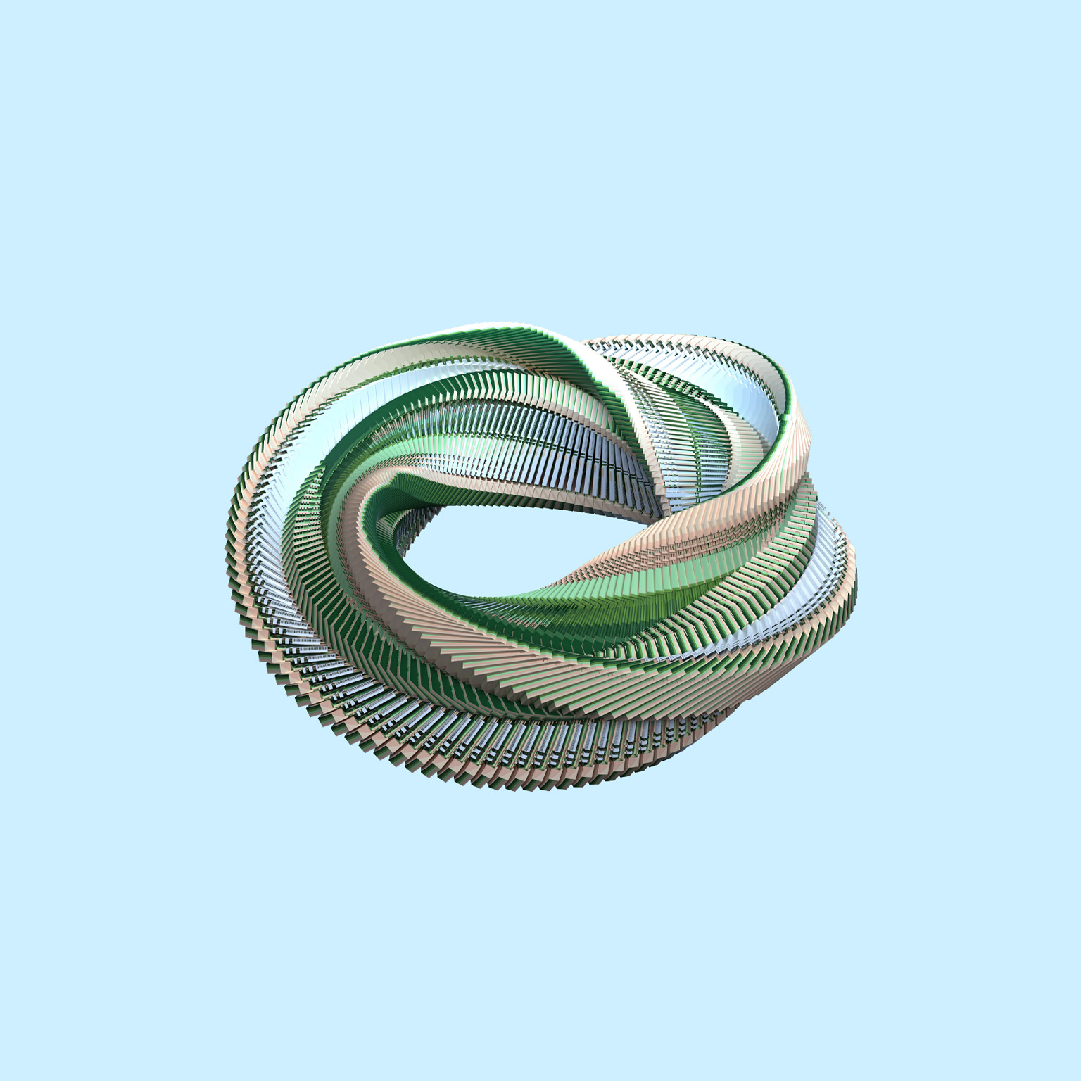 A digitally generated image of green and beige colored data server discs organized into a twisted looped circular pattern against a light blue background