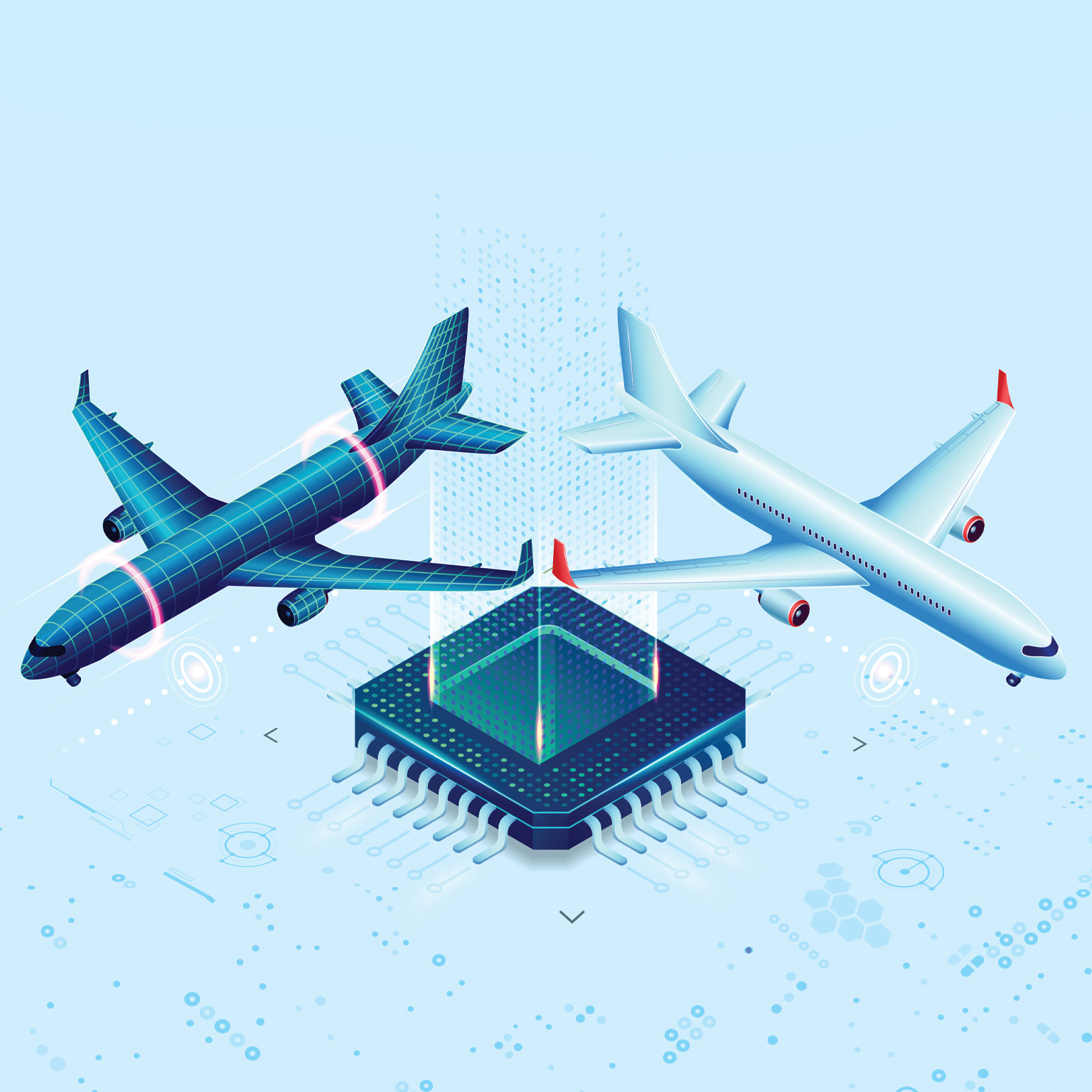 Isometric style image of an airplane next to a digitized mirror of itself. A microchip with circuitry sits below them.