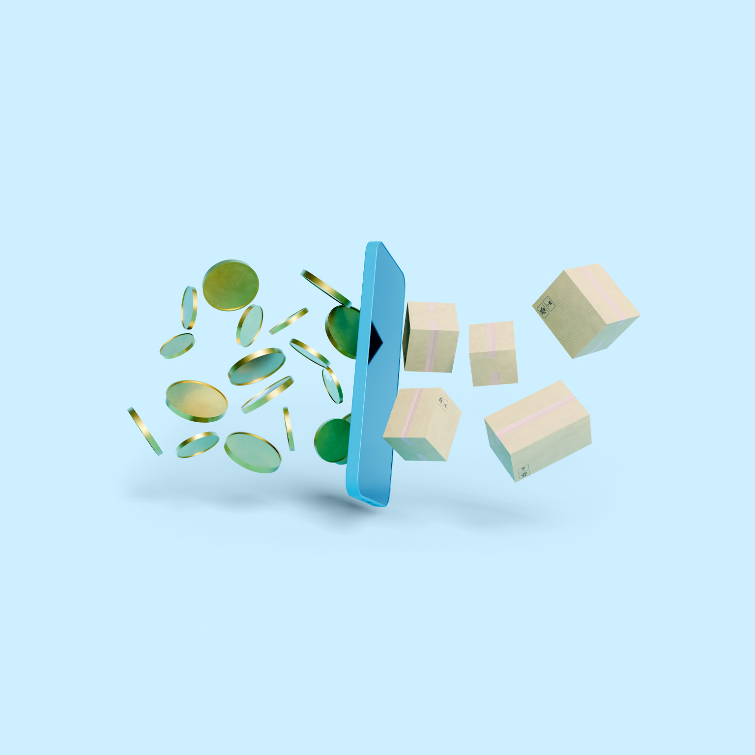 A blue cell phone floats in the middle of the frame while gold coins move towards it on the left side and cardboard shipping boxes move out from the right side. The scene is set against a light blue background.