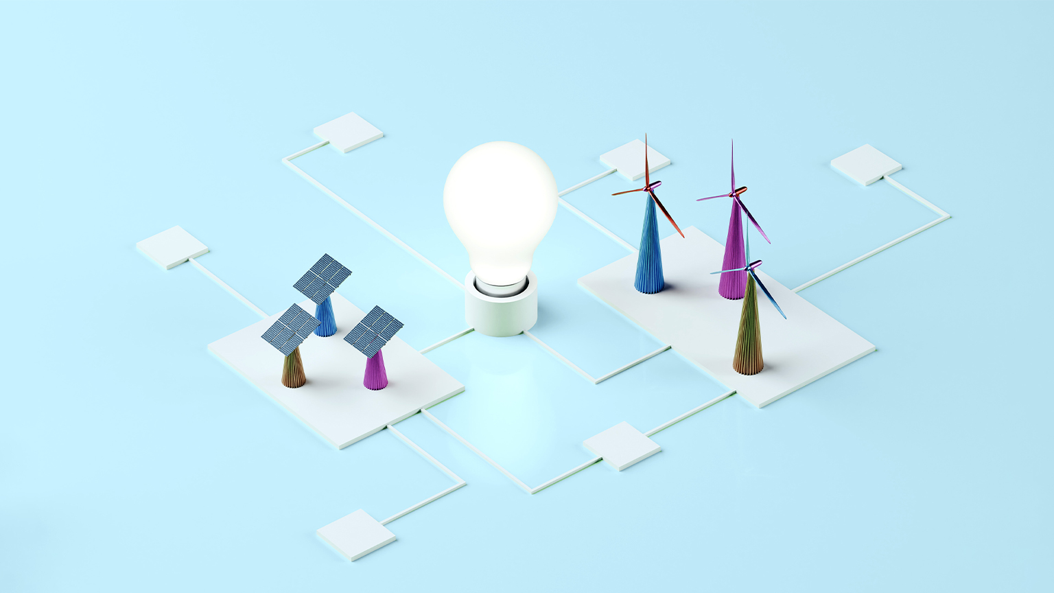3D conceptual image of different elements contributing to a grid that is powering a lightbulb