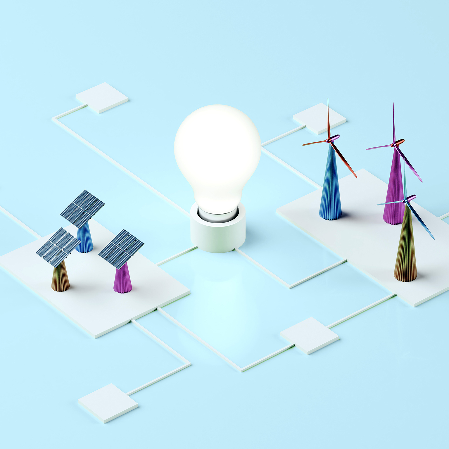 3D conceptual image of different elements contributing to a grid that is powering a lightbulb