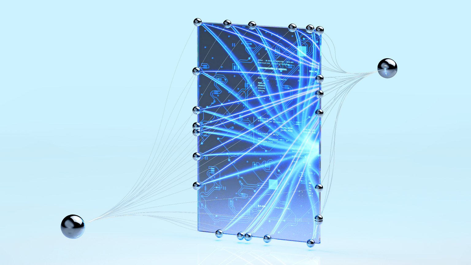 A 3D rendering of a translucent glass panel resembling a circuit board, with glowing blue lines representing data streams. Multiple metallic spheres are connected to the panel by thin lines, visually illustrating a network or interconnected system.