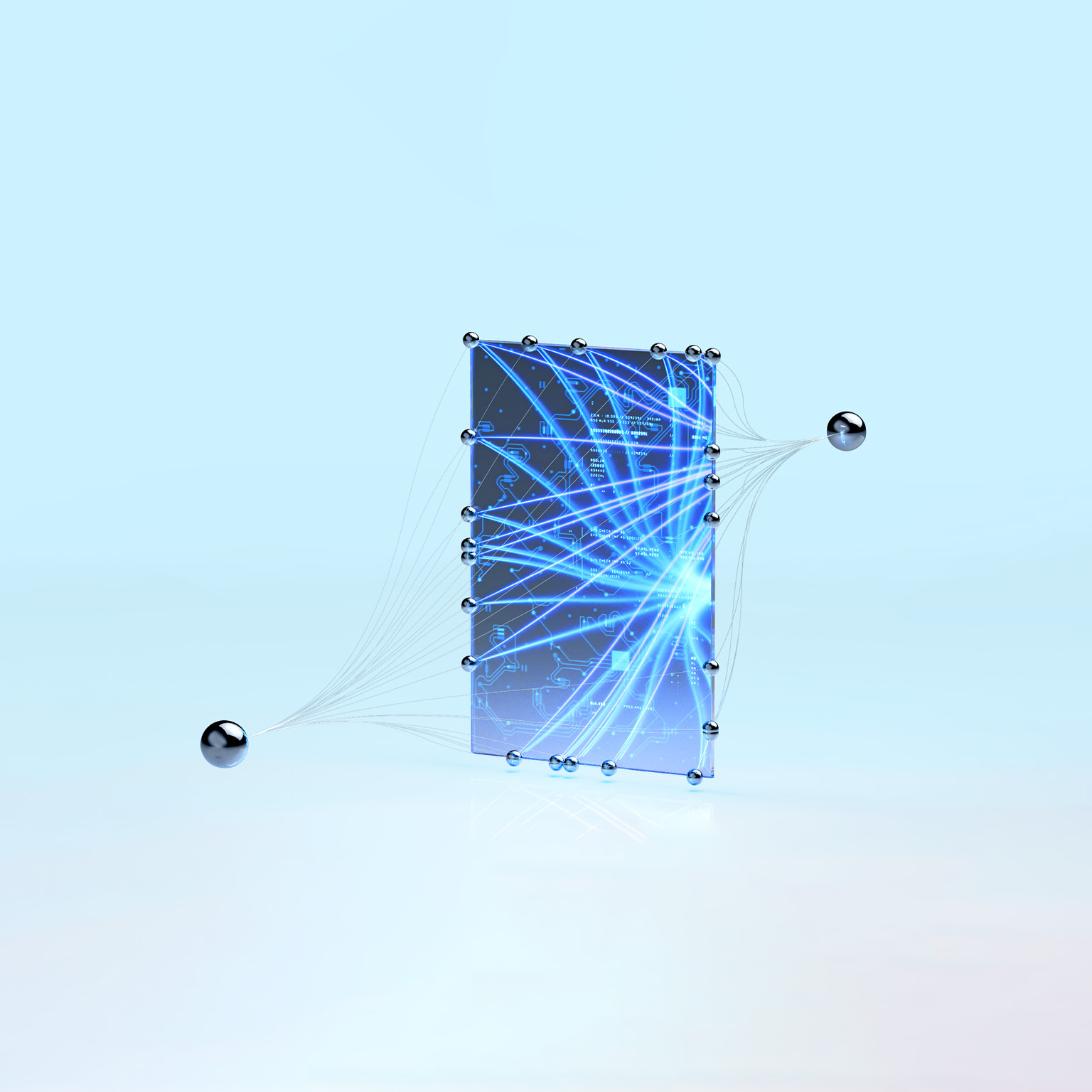  A 3D rendering of a translucent glass panel resembling a circuit board, with glowing blue lines representing data streams. Multiple metallic spheres are connected to the panel by thin lines, visually illustrating a network or interconnected system.