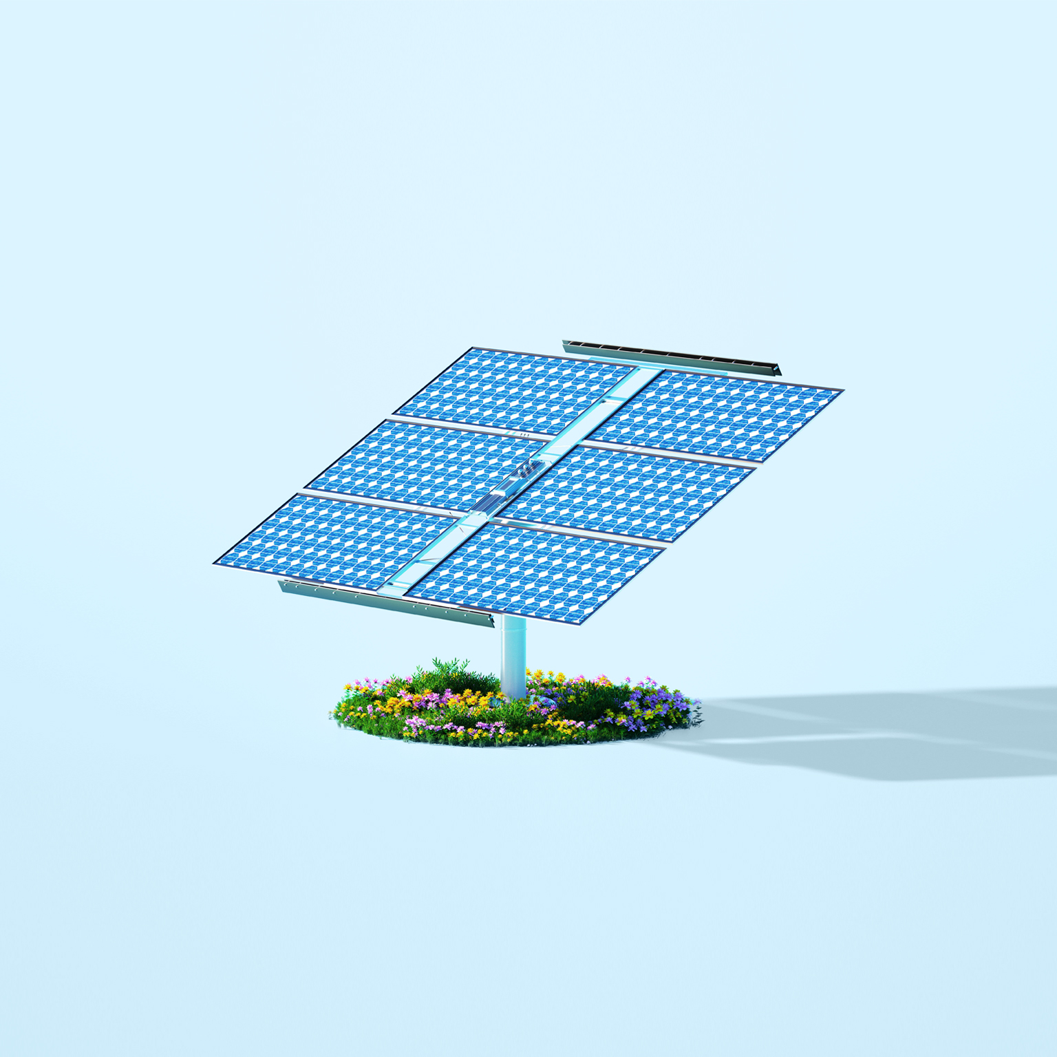 Digital generated image of solar panel system standing on circle with grass and flowers on blue background