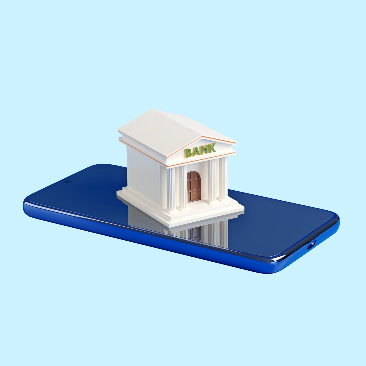 A stylized miniature bank building with the word "BANK" on its facade sits on top of a blue smartphone.