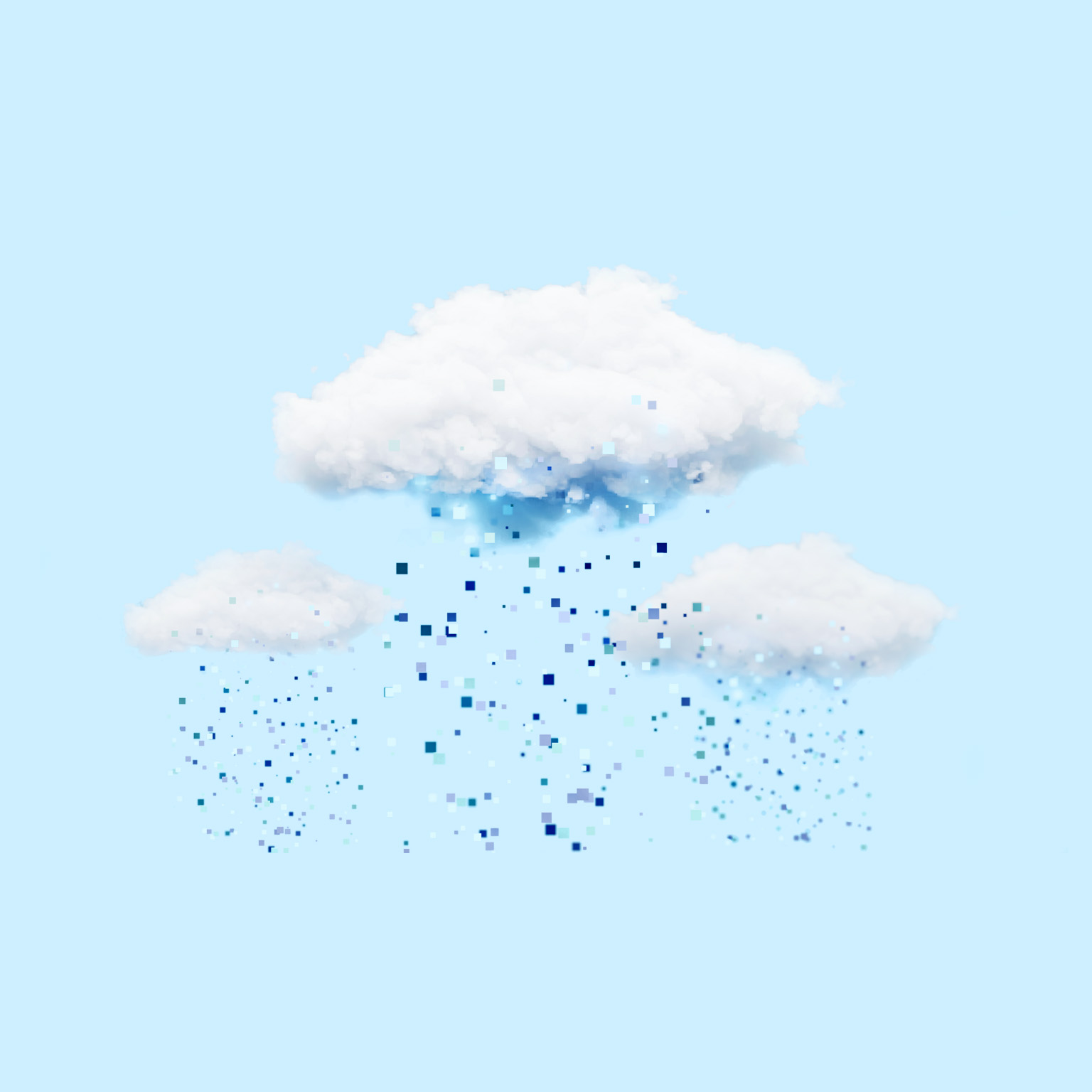 Against a backdrop of light blue, three fluffy white clouds release a robust rain of blue pixels.