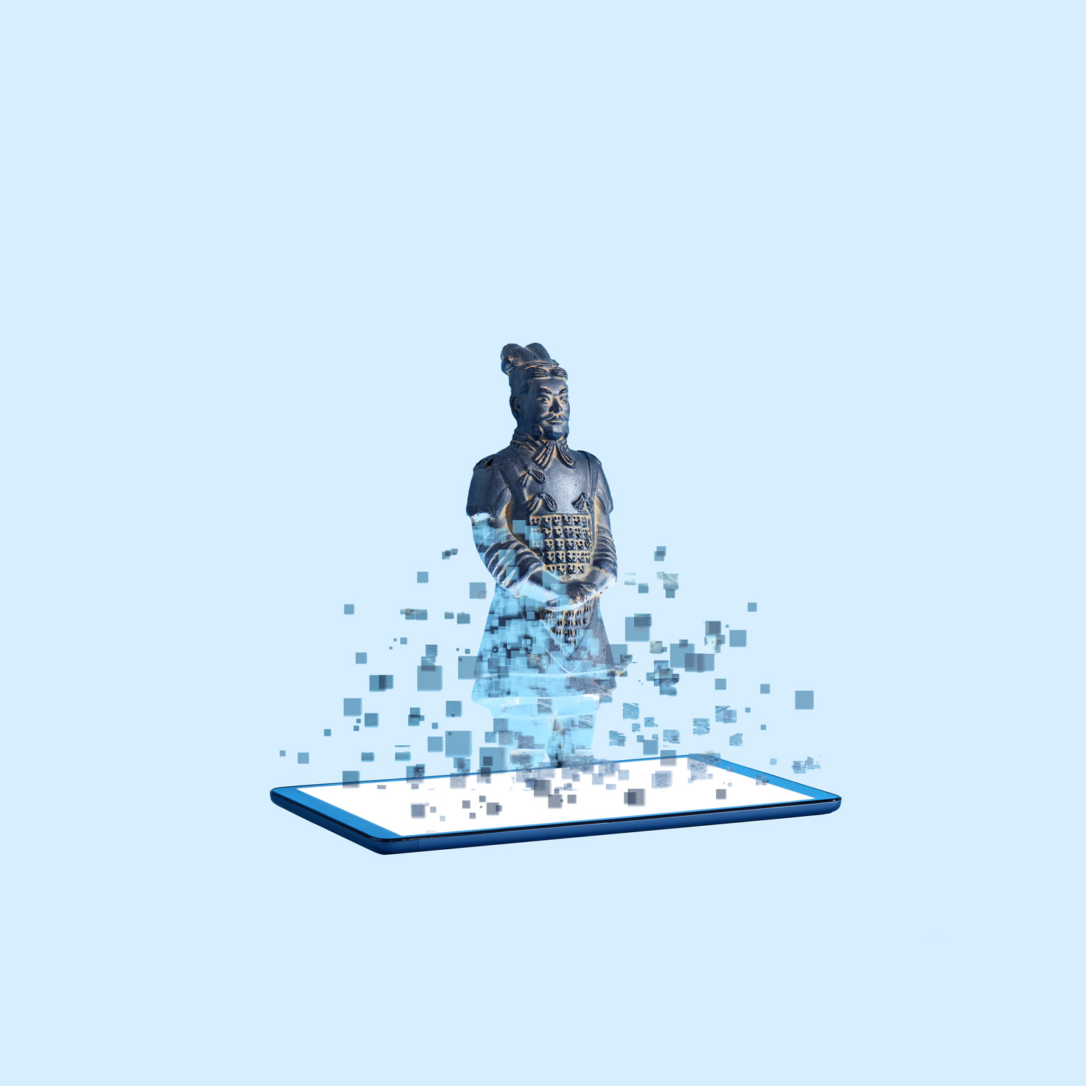 A terracotta soldier figurine emerging from a digital tablet. The soldier looks digitized at it's base but becomes a solid form at it's top. 