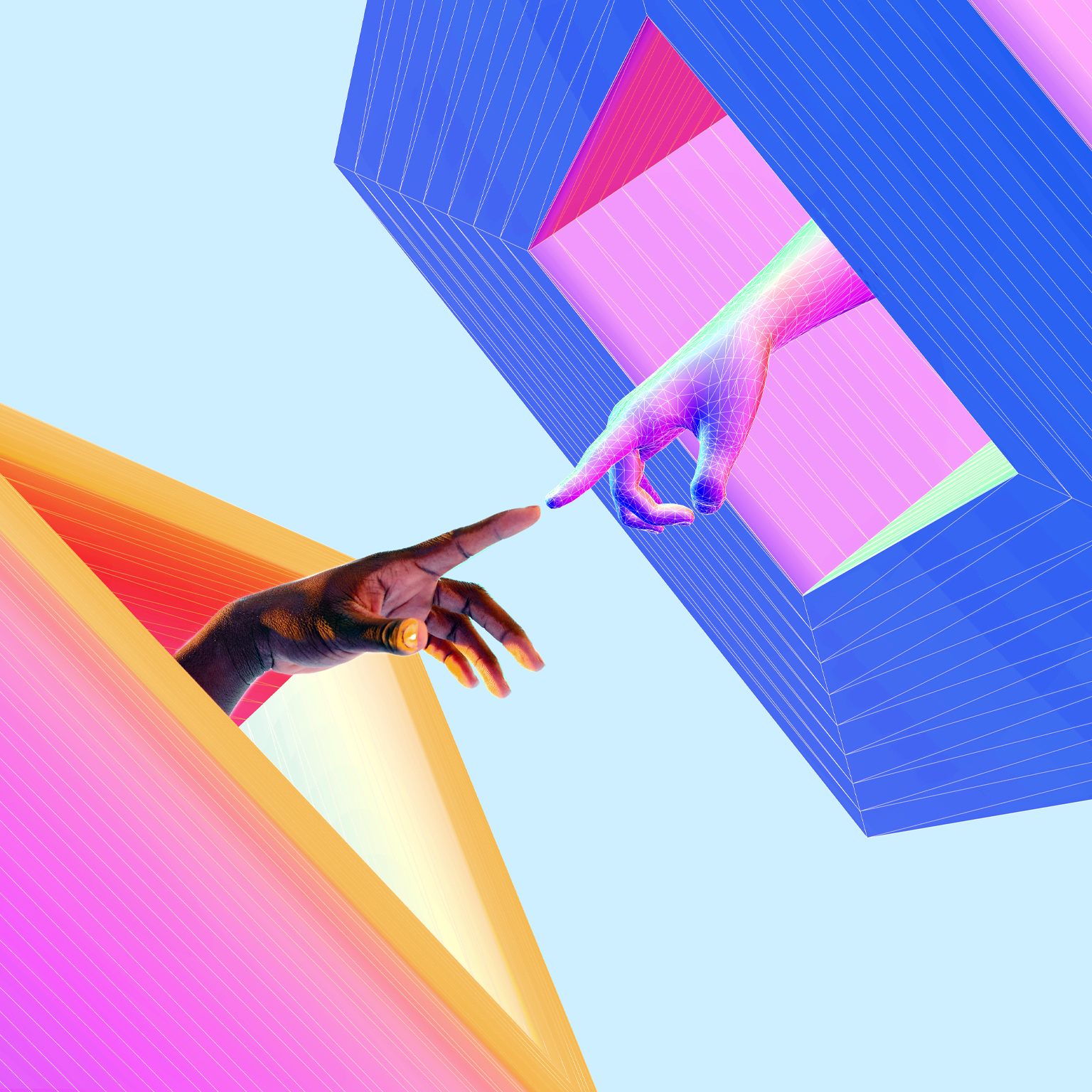  3D illustration of a human hand and a digital hand reaching through geometric portals and touching finger tips at the center of the frame