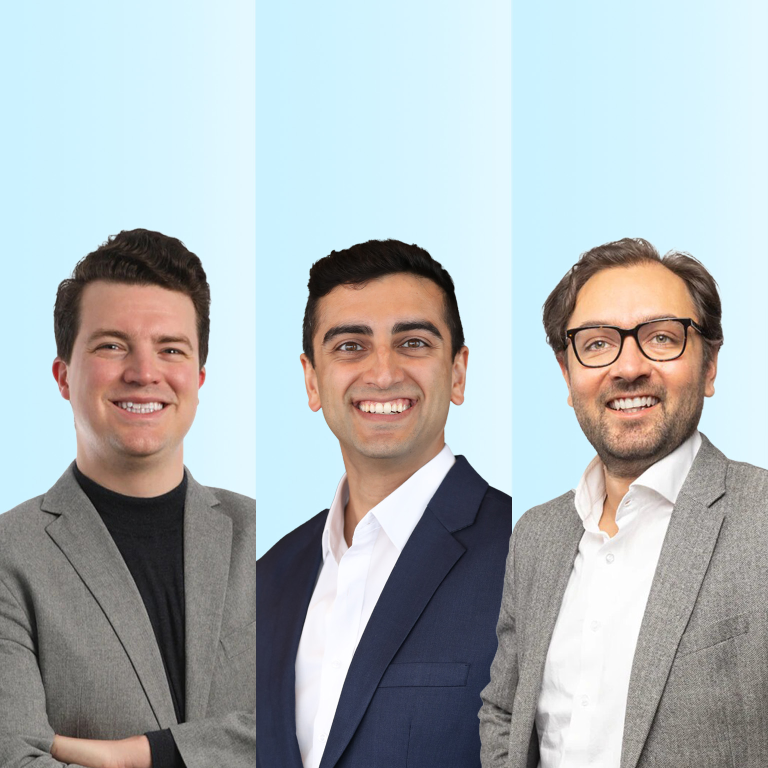 Separate side by side portraits of Alex Wolkomir, Ankit Kapoor and Vaibhav Gujral against a light blue background, each smiling at the camera. They are dressed in business and smart-casual attire. 