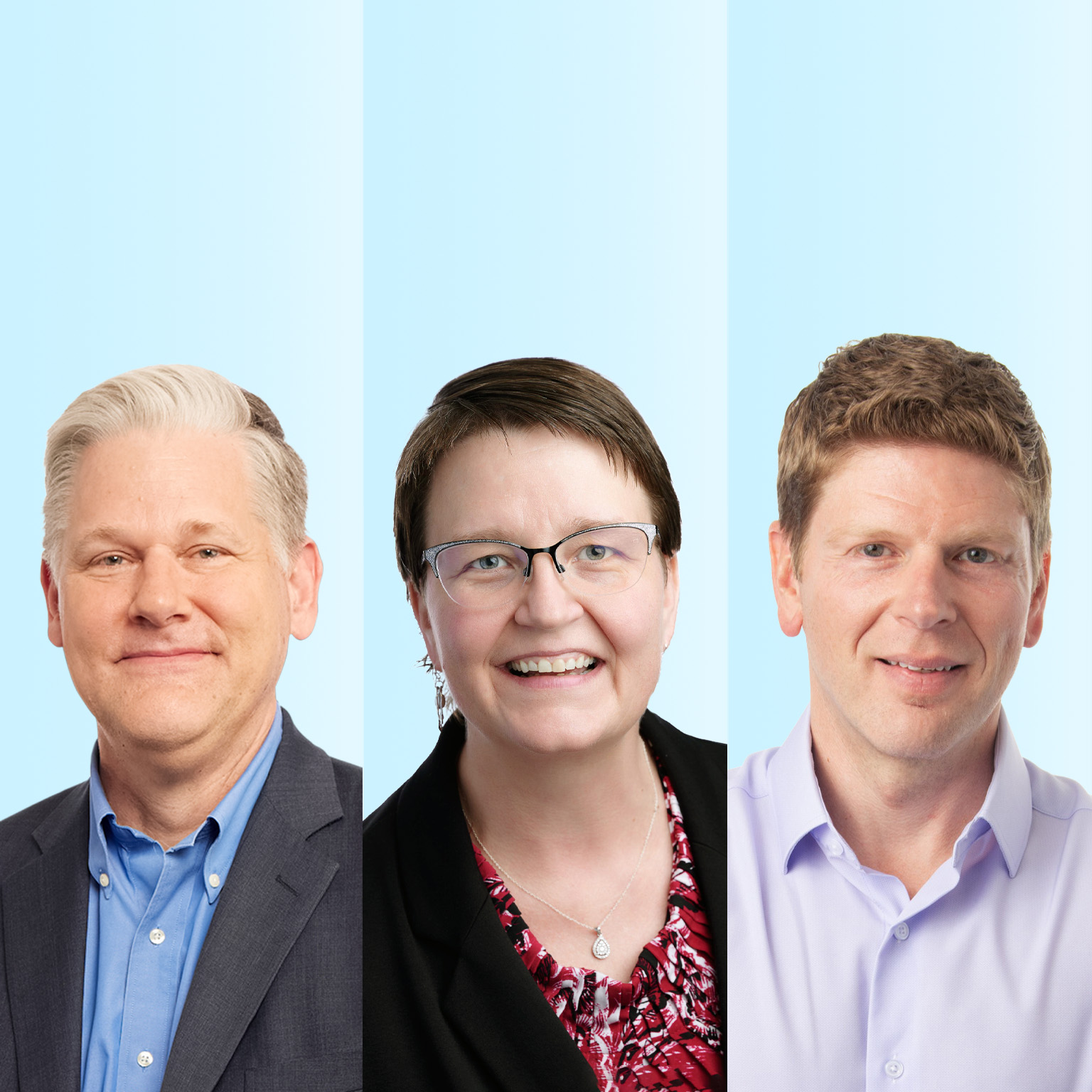 Drew Erdmann, Sarah Miller and Trey Childress are shown side by side in portrait-style images against a light blue background, each facing the camera. They are dressed in professional attire and smiling.