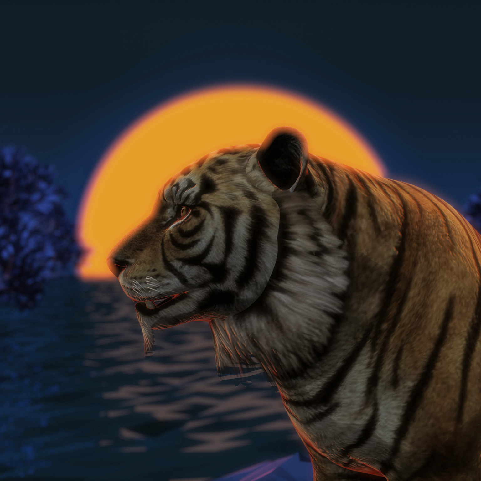 Animated illustration of a tiger in profile against a setting sun