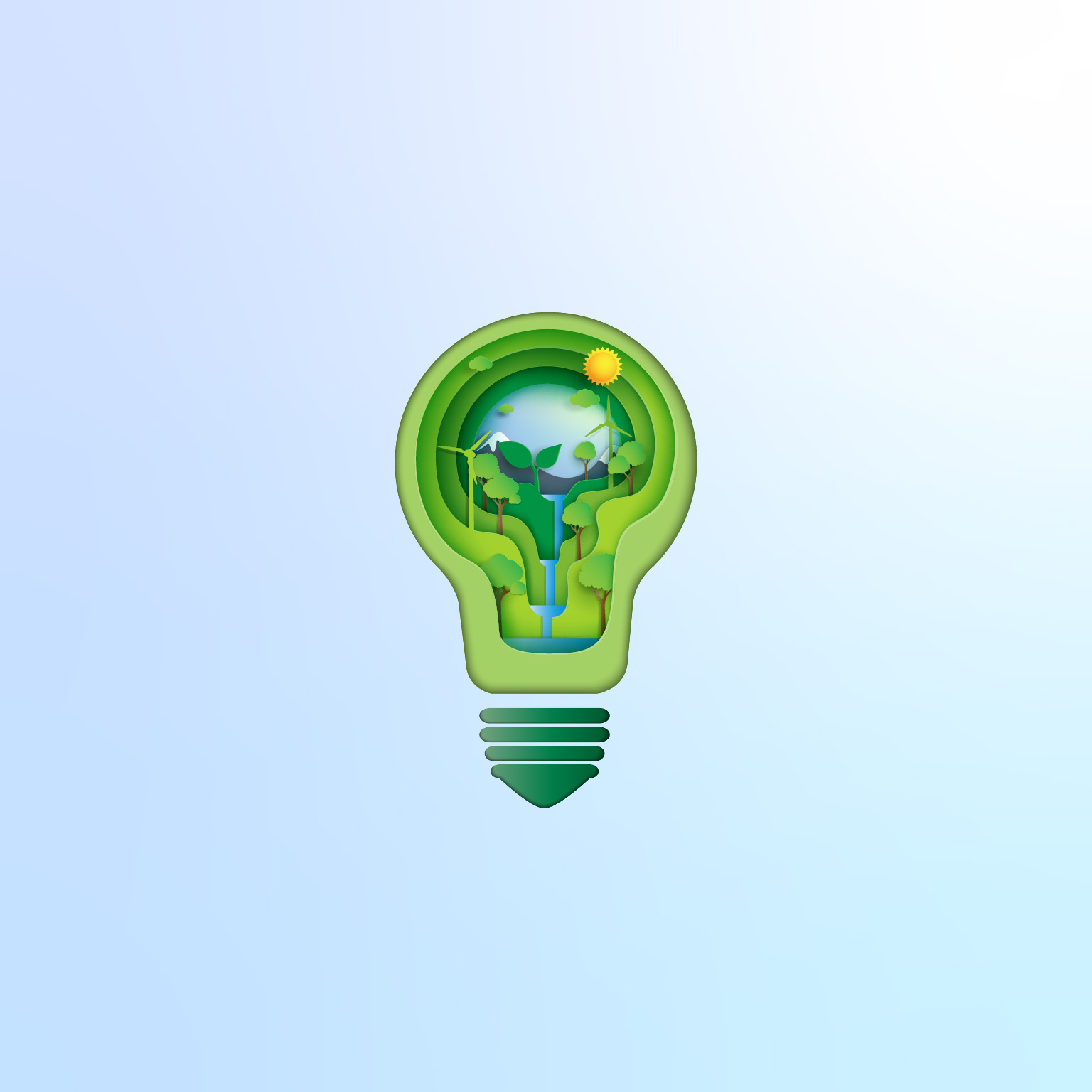 Paper cutout of light bulb with natural environment, waterfall, sunflower, and wind turbine inside it.