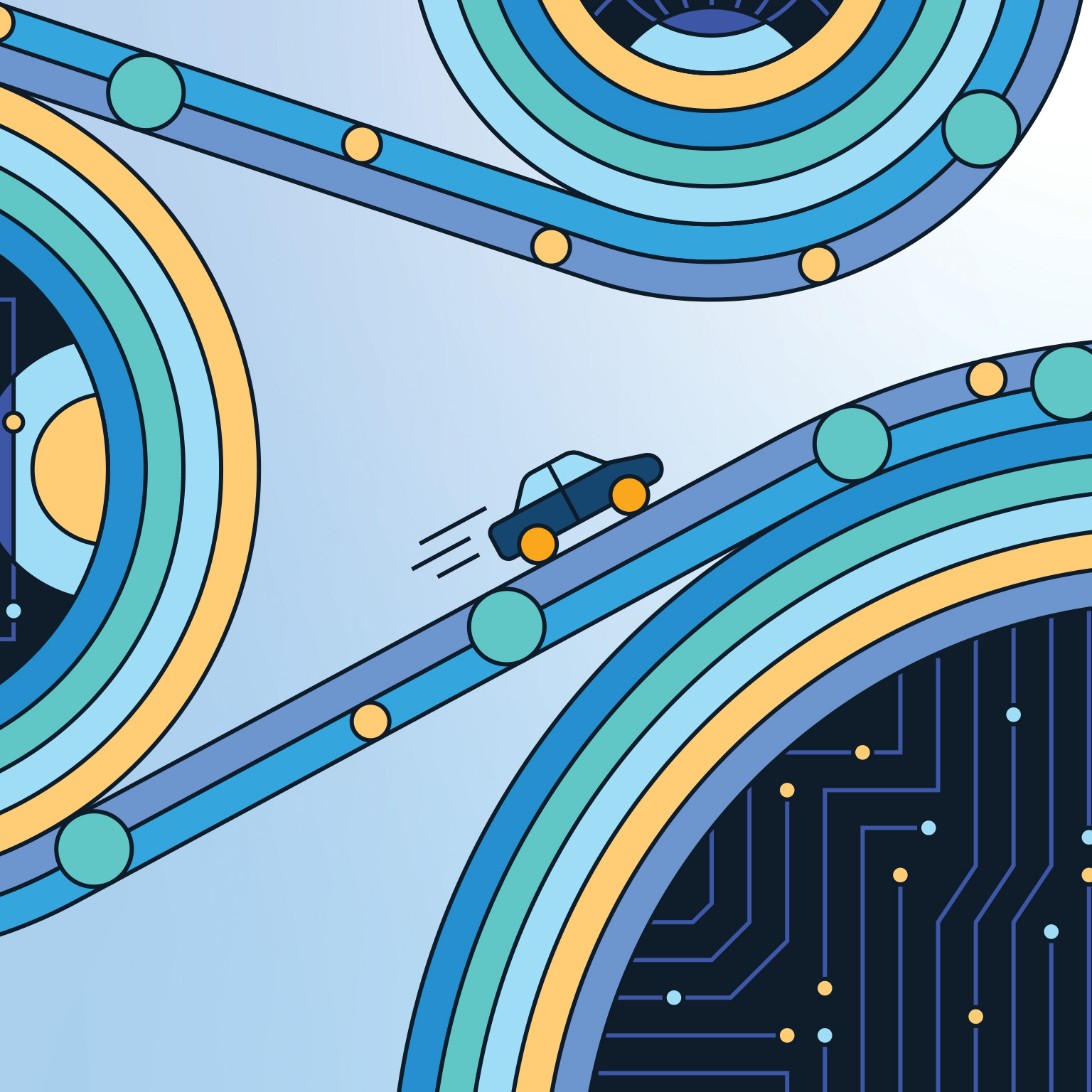 A small, fast car speeds up the road, having just navigated a series of geometric loops.