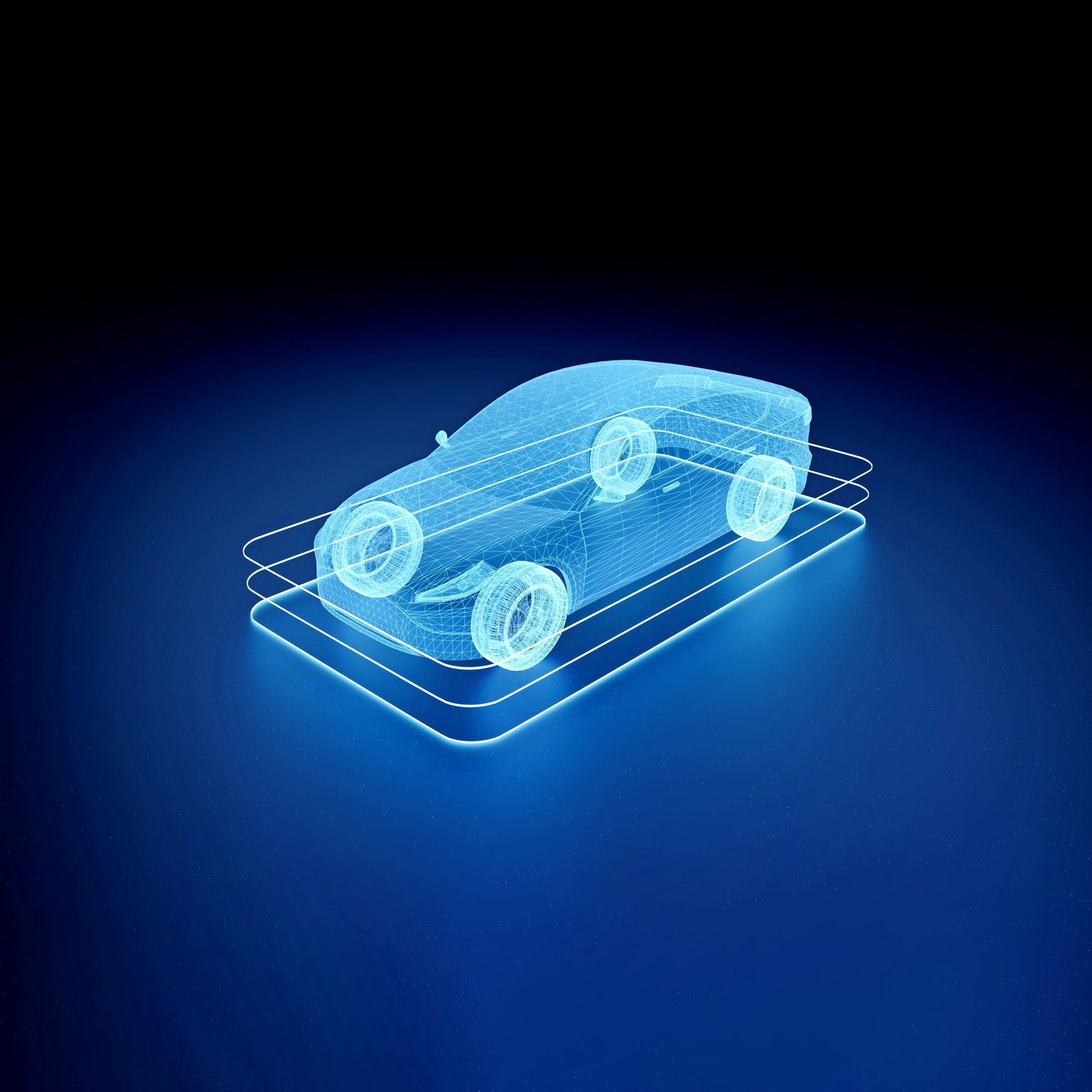 A futuristic wireframe of a vehicle on a charging pad.