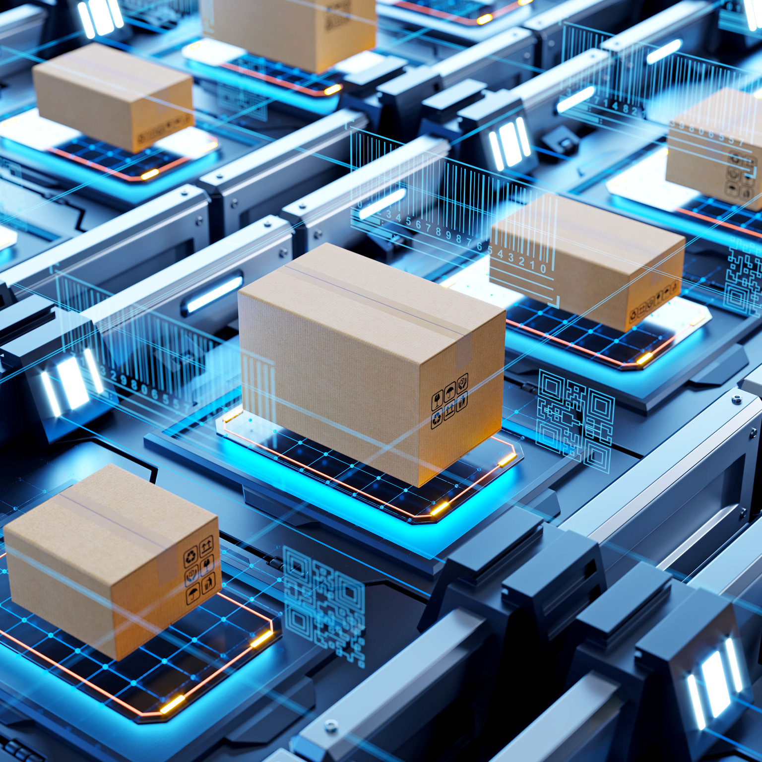 Boxes on automated scanning line for shipping