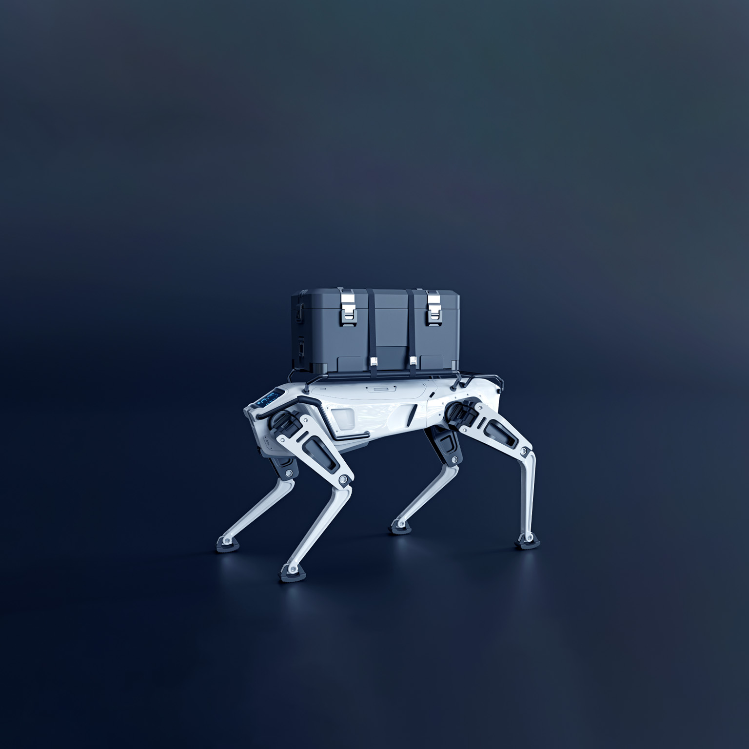 A robotic dog with a sleek white design and black detailing has a large gray container strapped to its back.