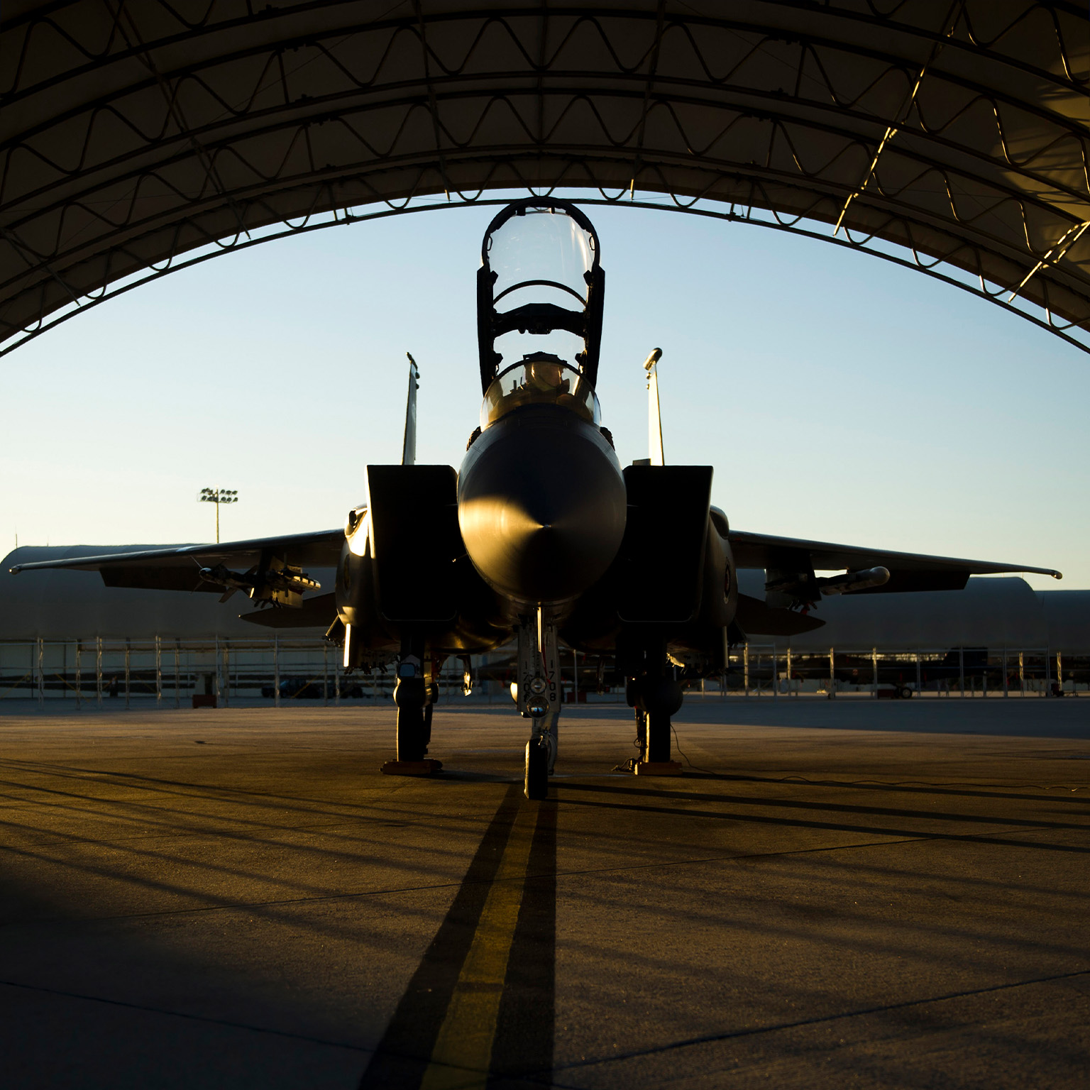 A U.S. Air Force F-15E Strike Eagle aircraft waits to take part in a training mission at Seymour Johnson Air Force Base, North Carolina.