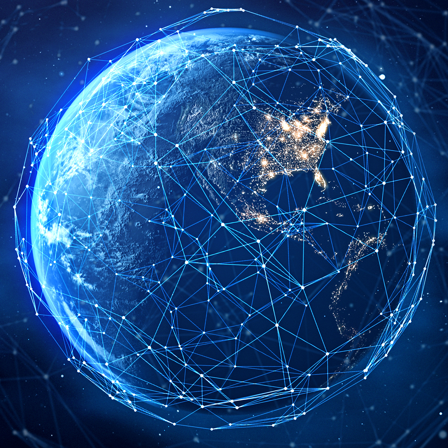 3D Render of Planet Earth with Digital Network. Night Side with Illuminated Cities Lights.