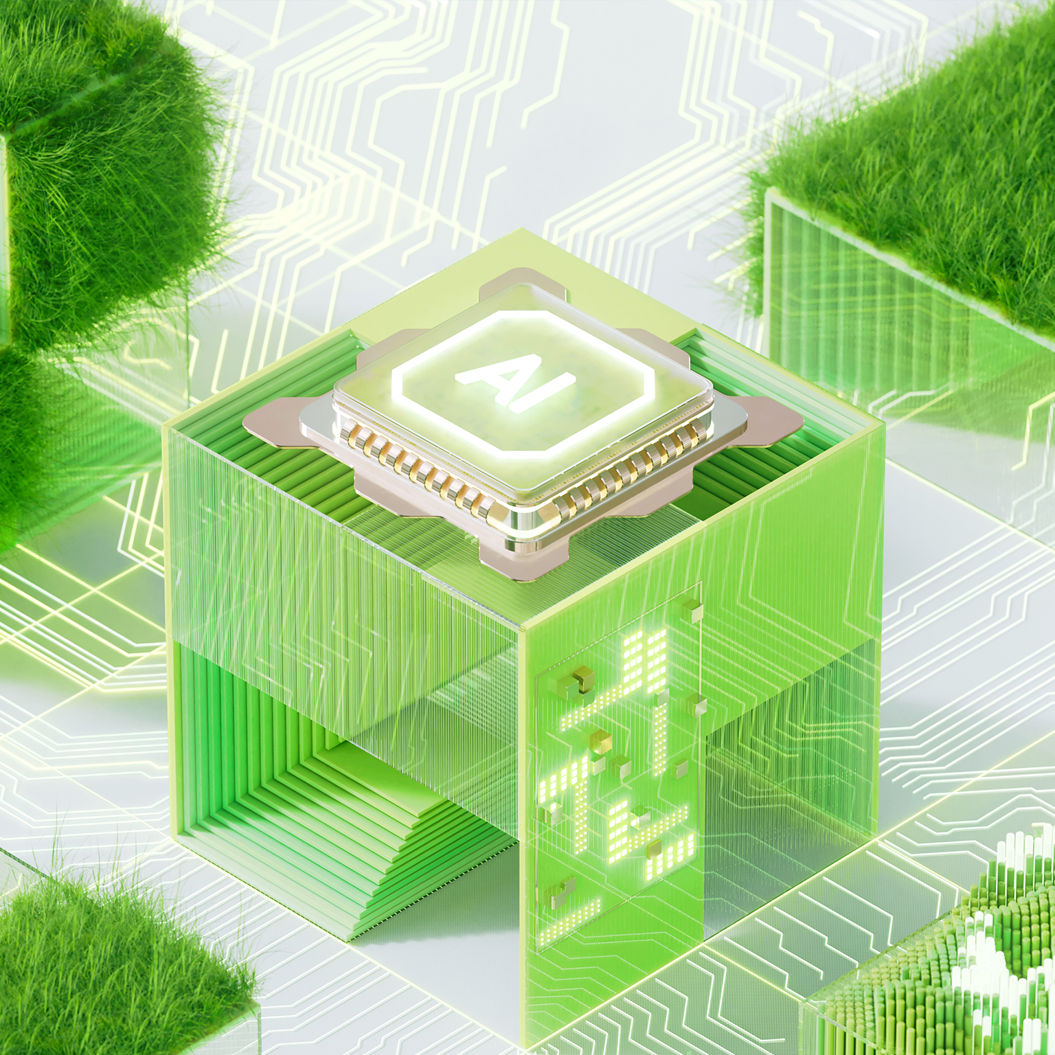 Futuristic microchip and digital data flowing. Merging technology and ecology