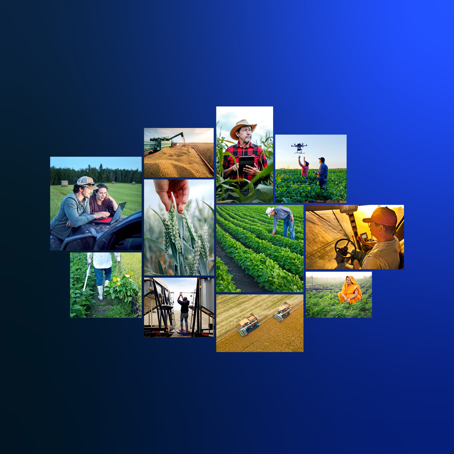 A collage of farmers, crops, harvesting equipment, and agricultural technology set against a deep blue background. The images highlight a mix of traditional fieldwork, digital tools, drones, and mechanized agriculture.