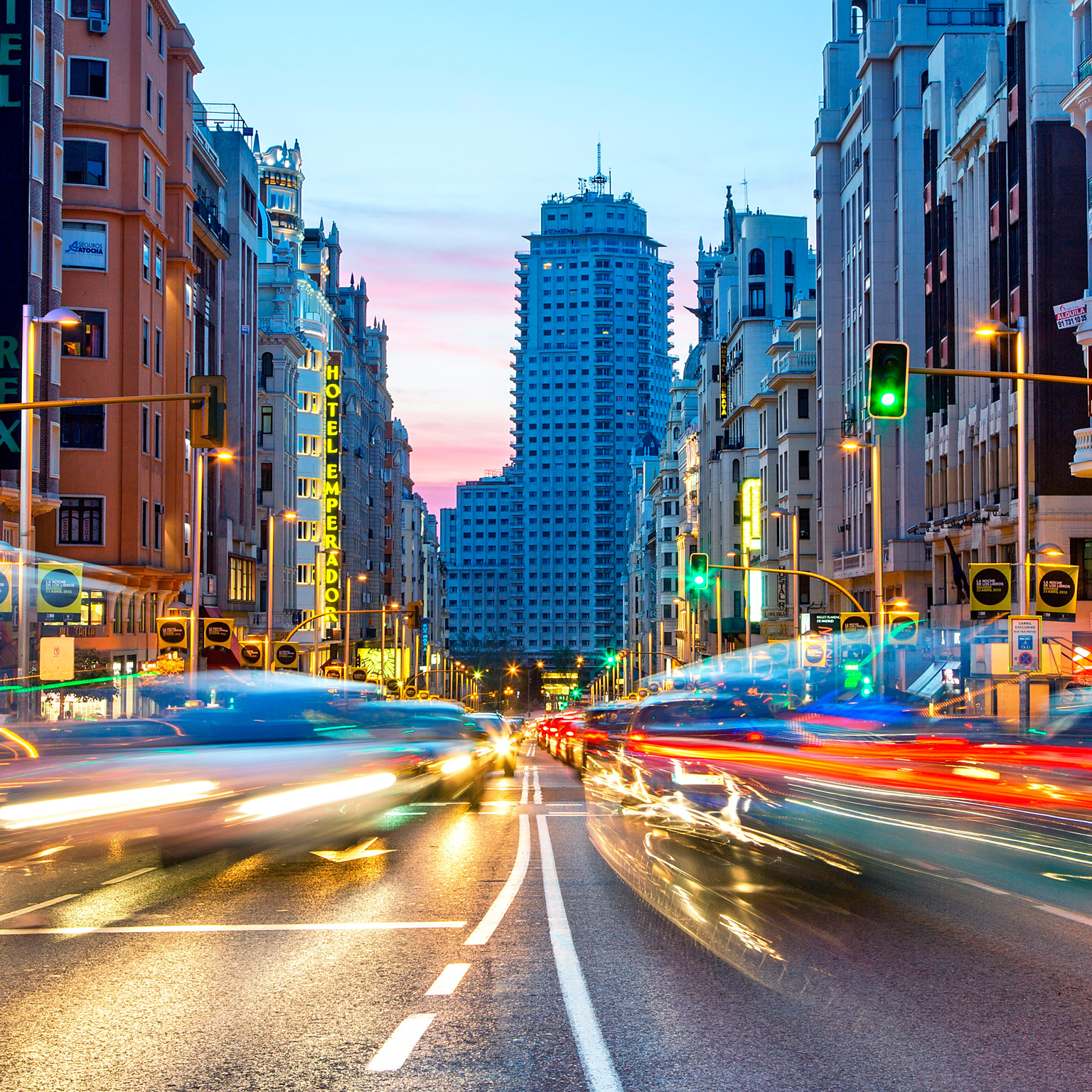 Madrid, Gran Via at Dusk - stock photo