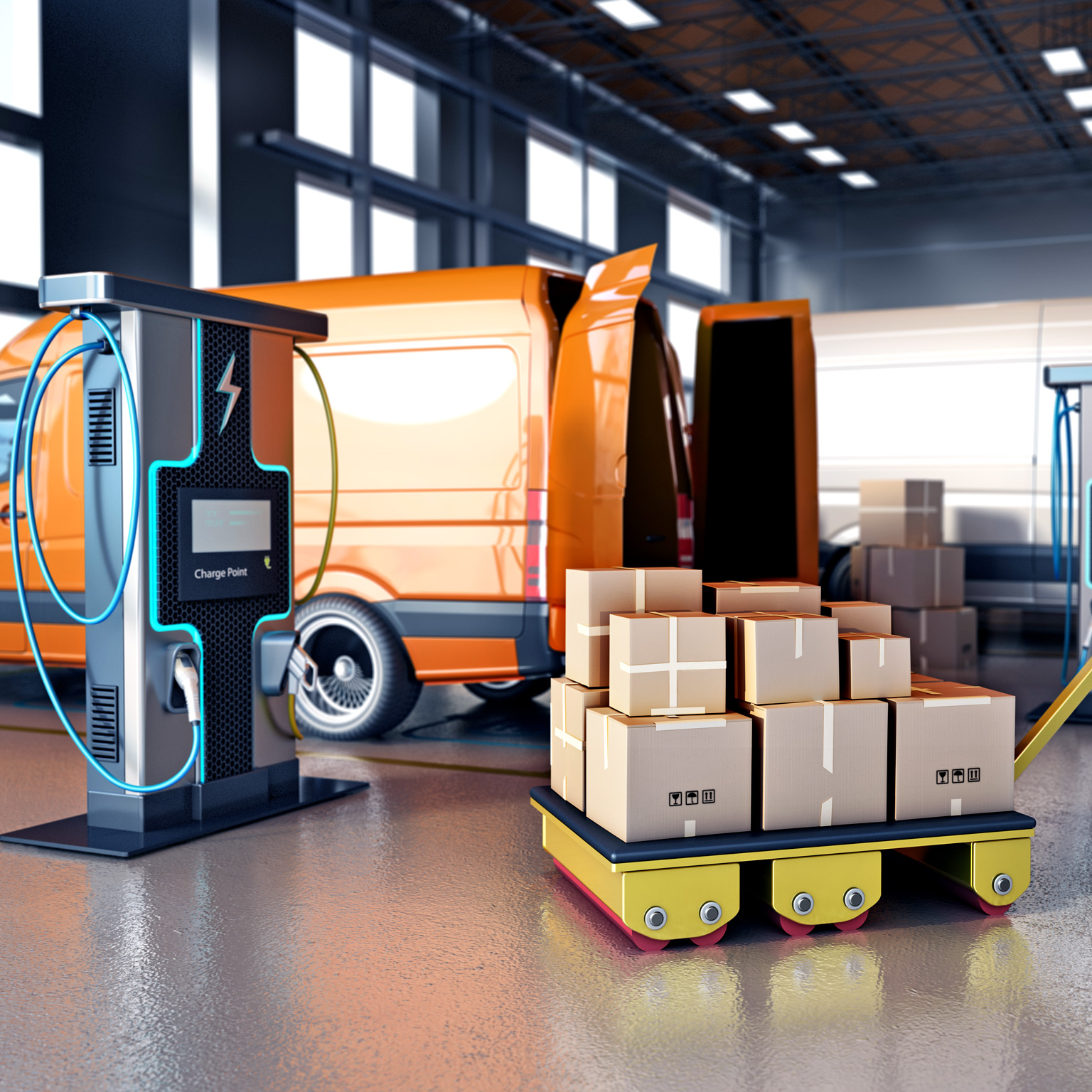 Packaged goods in cartons on trolleys next to transport vans 