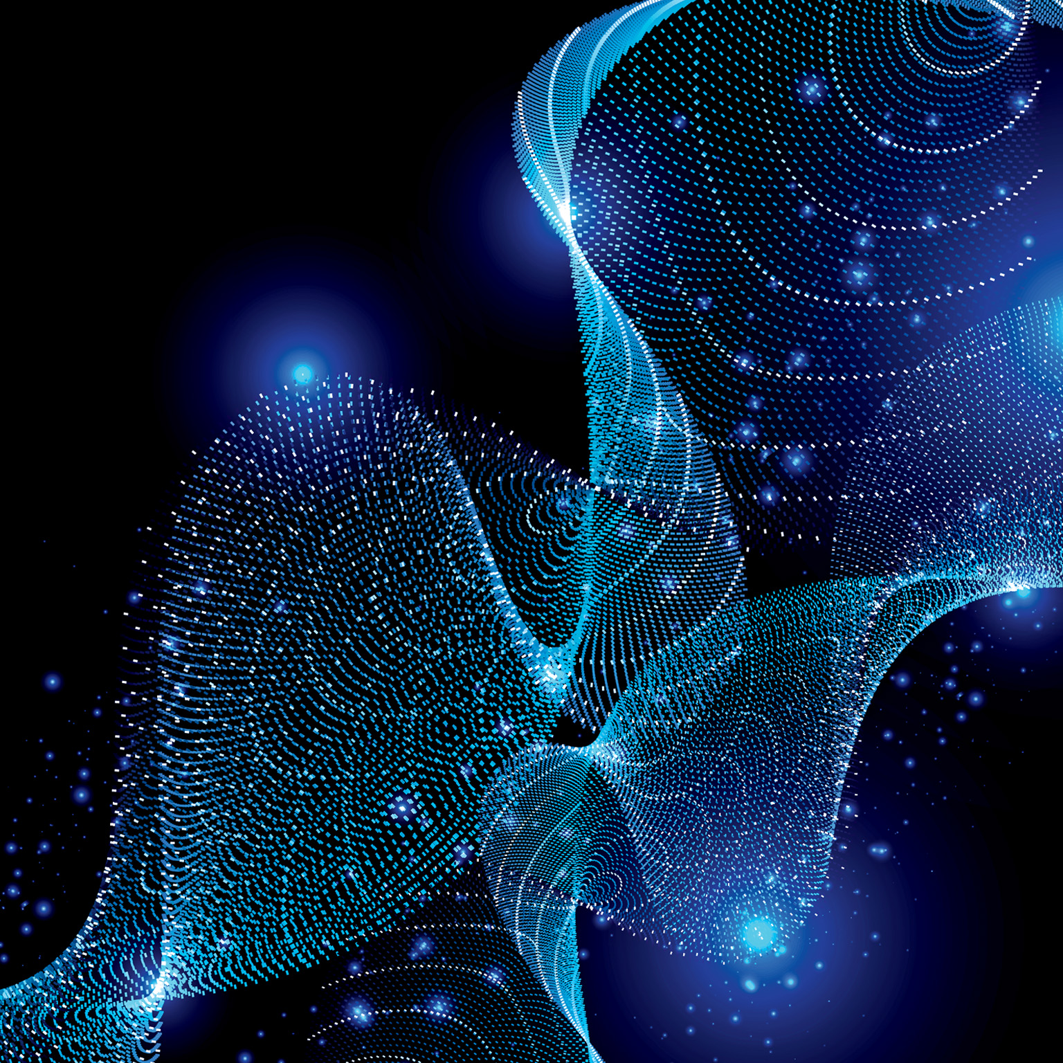 Abstract digital wave with flowing  particles on a light abstract blue background.
