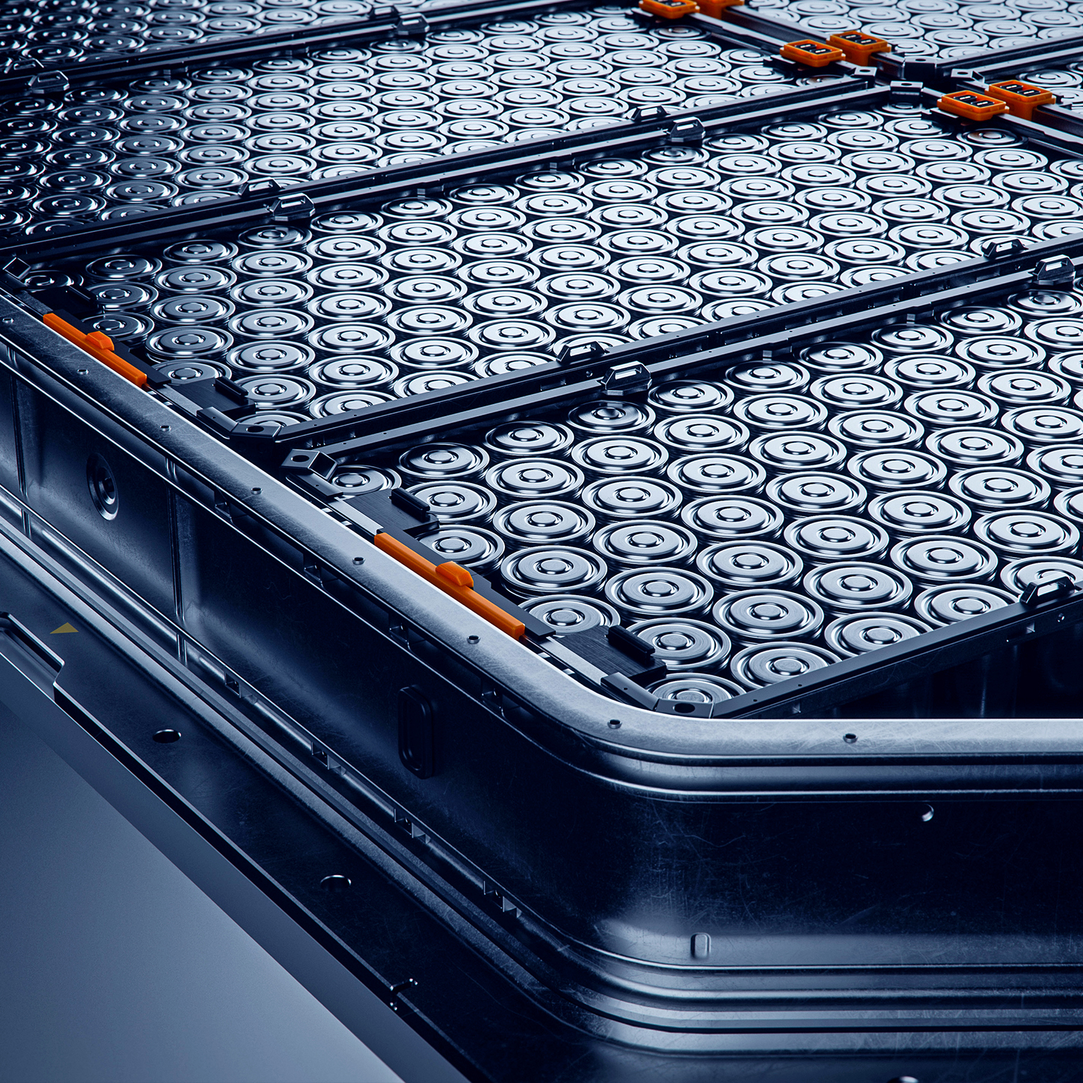 Close-up of High capacity EV Battery Pack with Orange Connectors Isolated on a Black Background.