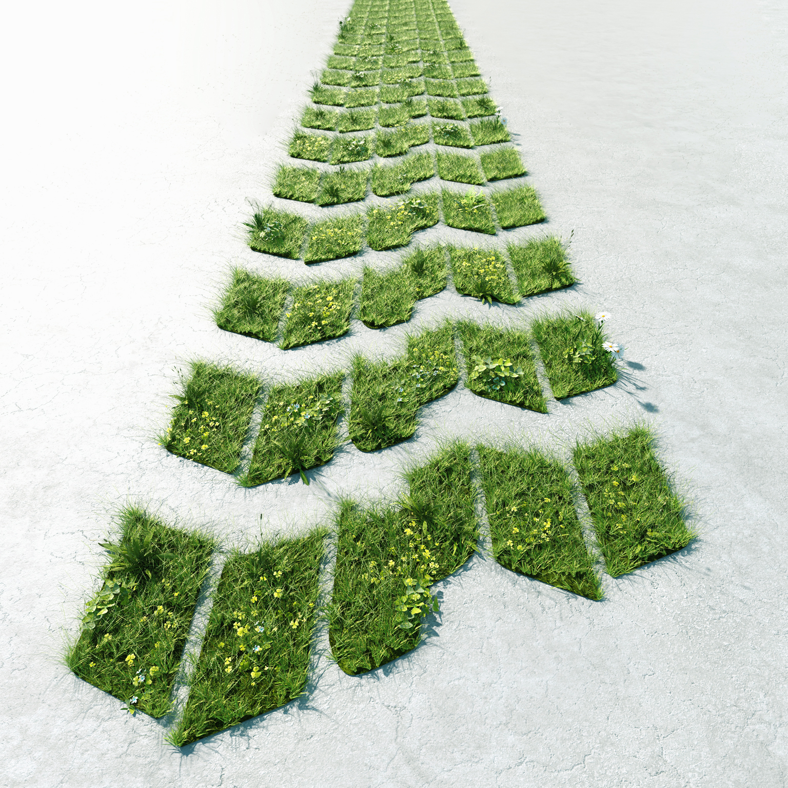 Digital generated image of car tire track made out of grass growing through gray concrete surface.