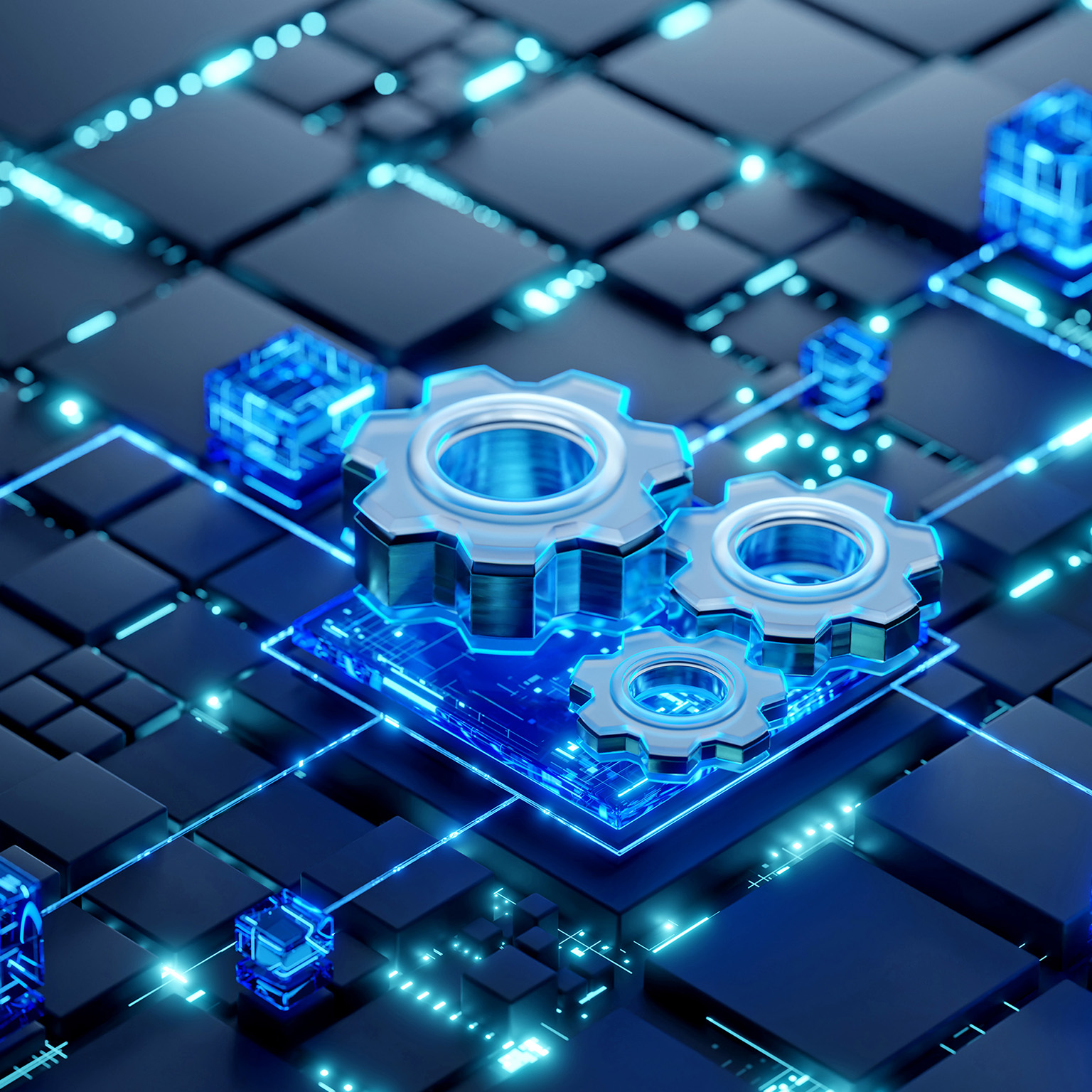 Glowing gears connected across a digital network of illuminated blocks and circuits.