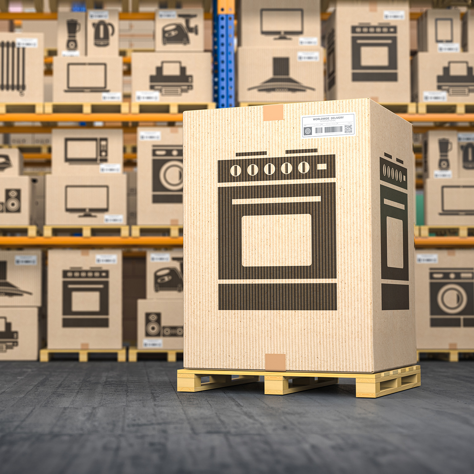 Cardboard box with gas cooker in warehouse with household appliances and kitchen electronics in boxes. Online purchase, shopping and delivery concept. - stock photo