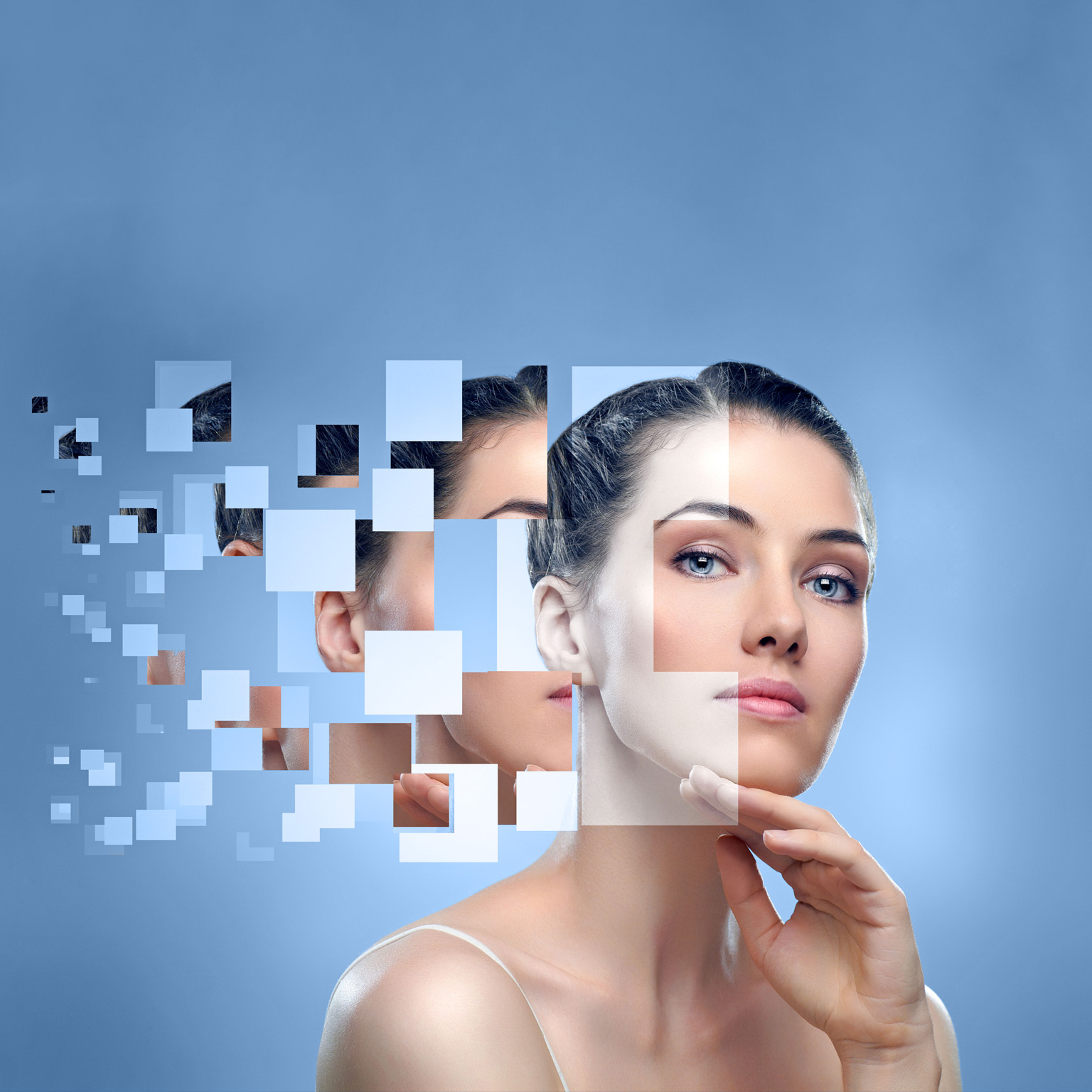 Pixelated beauty portrait of a woman on a pale blue background.