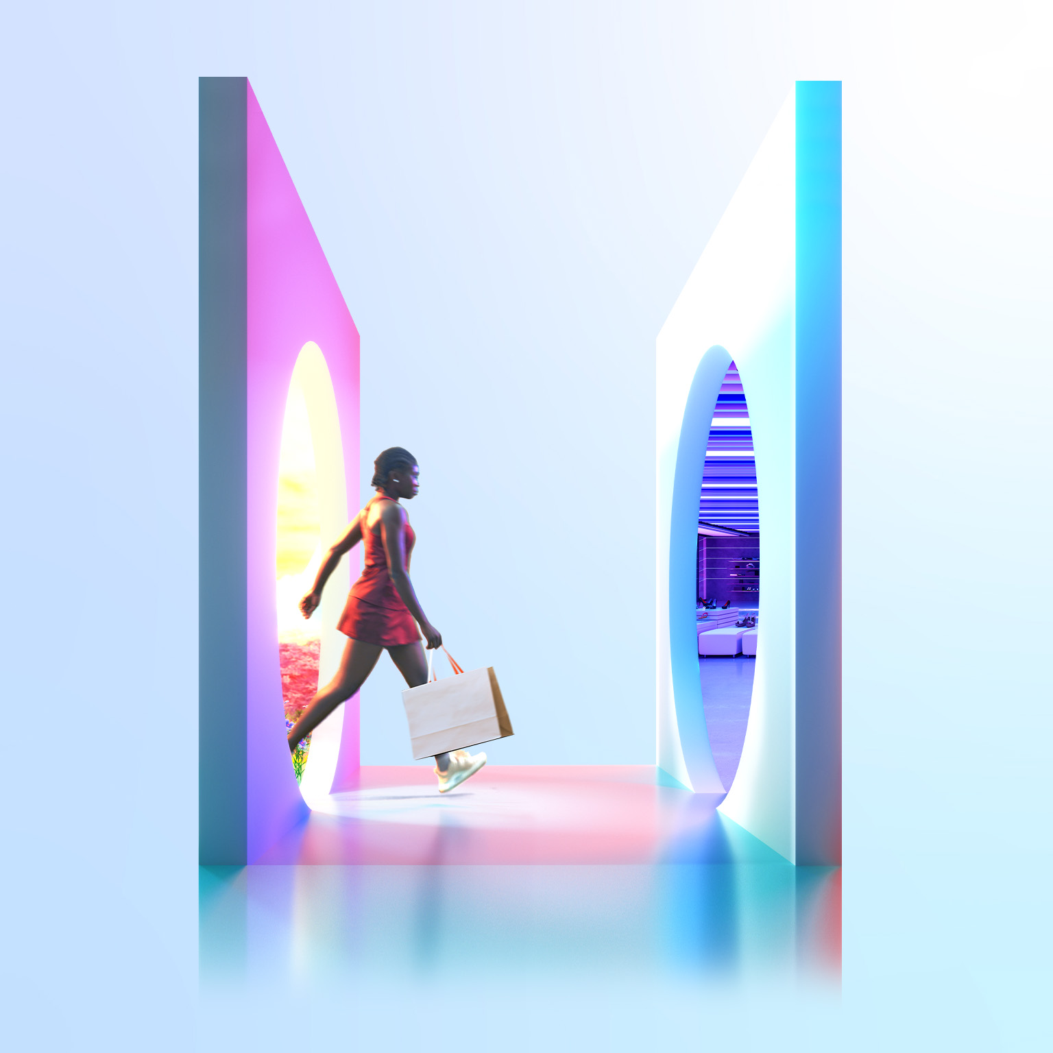 Conceptual image of a person carrying a shopping bag and walking from one circular portal, with a brightly colored outside scene visible inside it, towards another portal, this one containing a neon-lit futuristic store.
