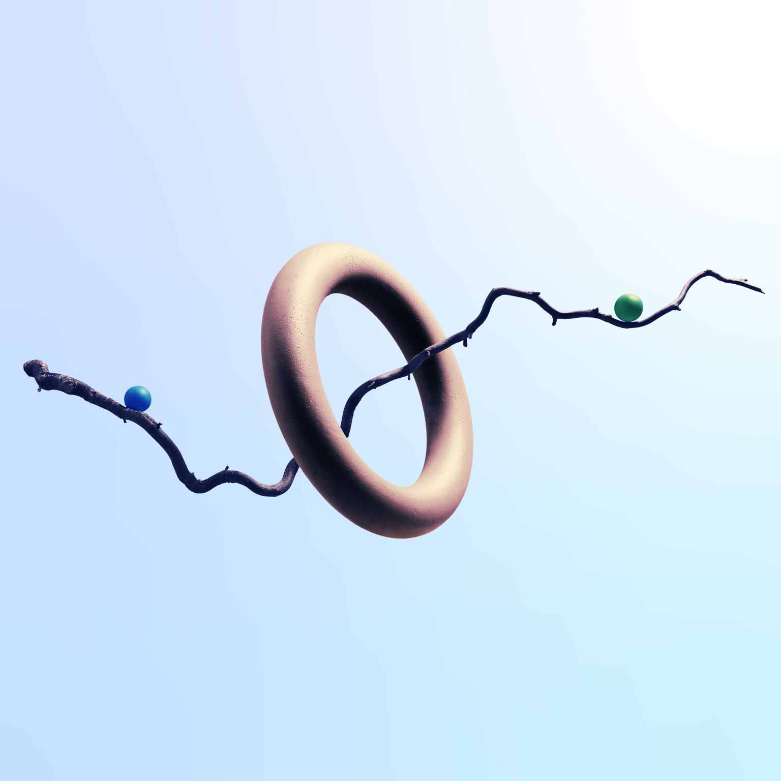 A twisty branch floating though a ring with 2 marbles balancing on each side. The branch subtly resembles a line graph with an upward trend.