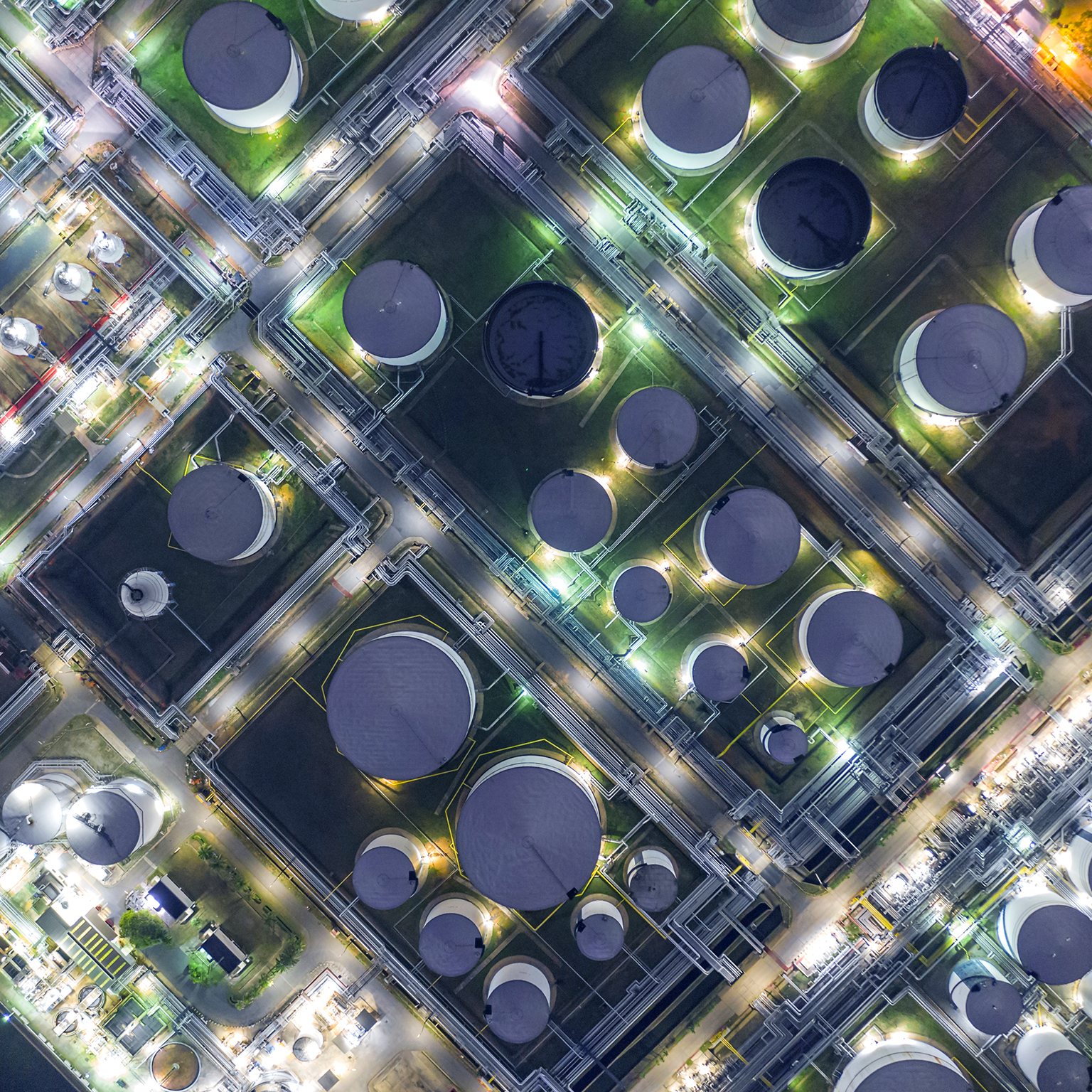 Aerial view oil terminal is industrial facility for storage of oil and petrochemical products ready for transport to further storage facilities