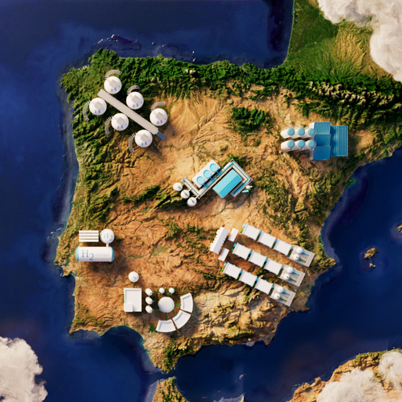 Illustration the Iberian peninsula aerial view with green energy alternative across the land.