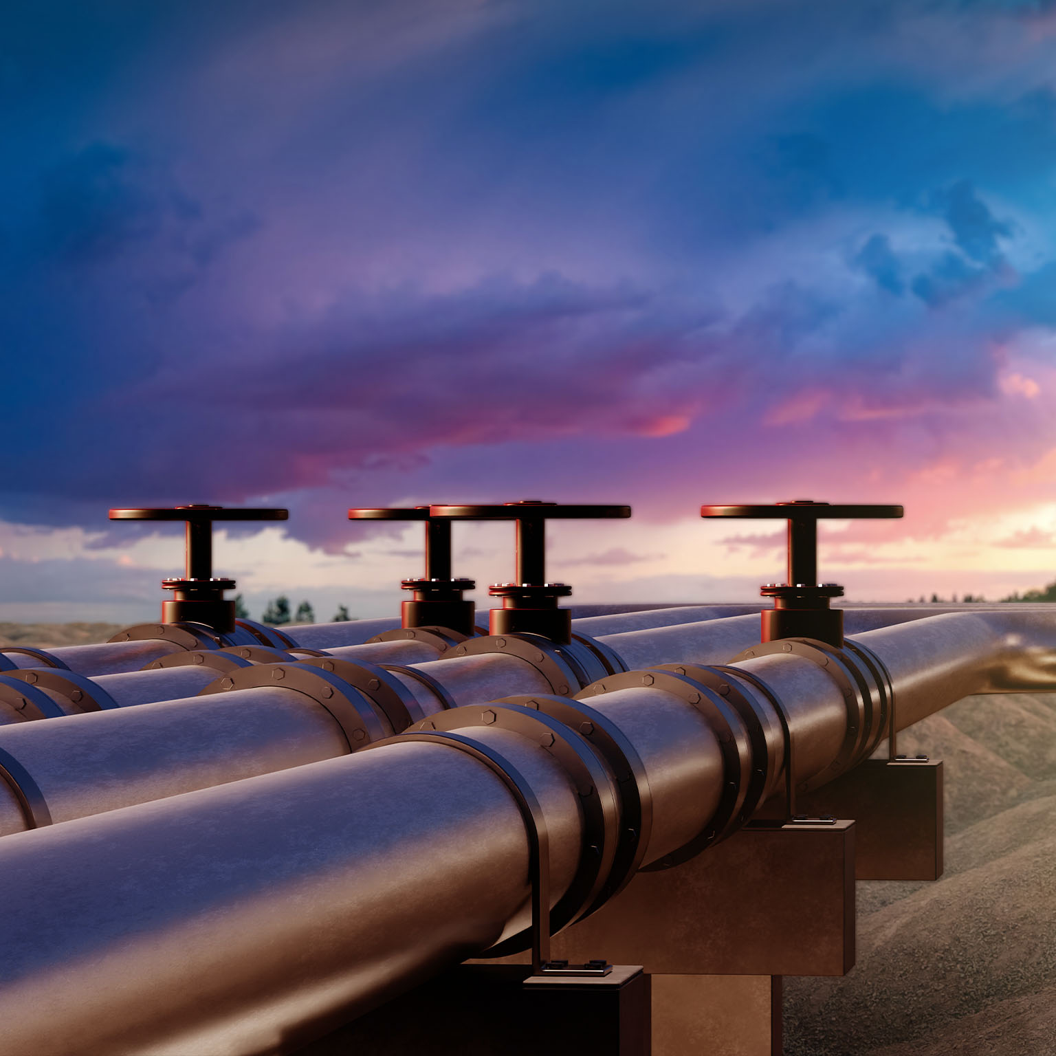 Pipeline Valves at Sunset, Overseeing a Hilly Terrain Under Dramatic Sky