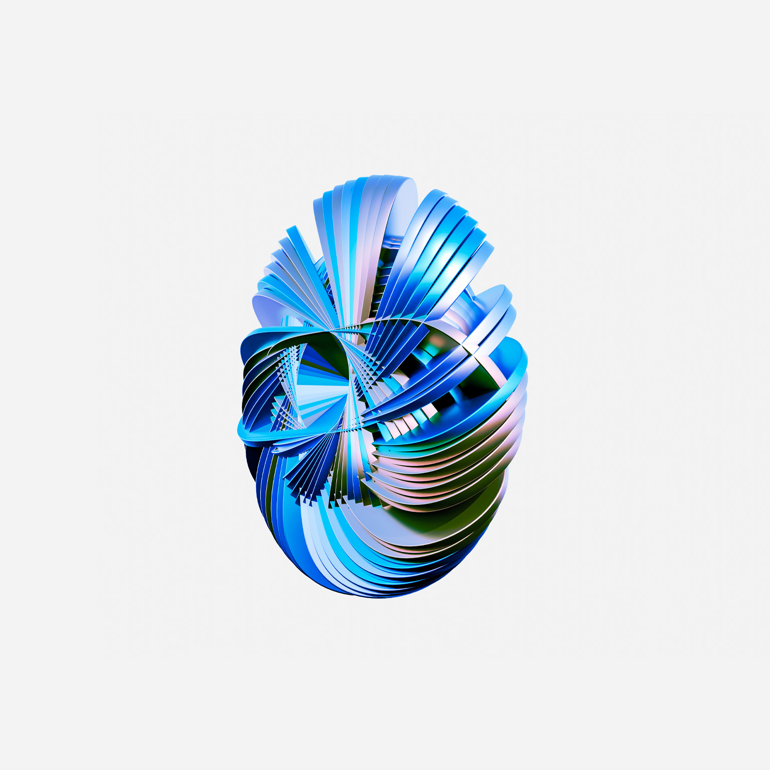 A complex abstract 3D shape made of layered, curved forms arranged into a spherical structure. It is rendered in shades of blue, teal, and hints of green and purple, set against a clean, light background.