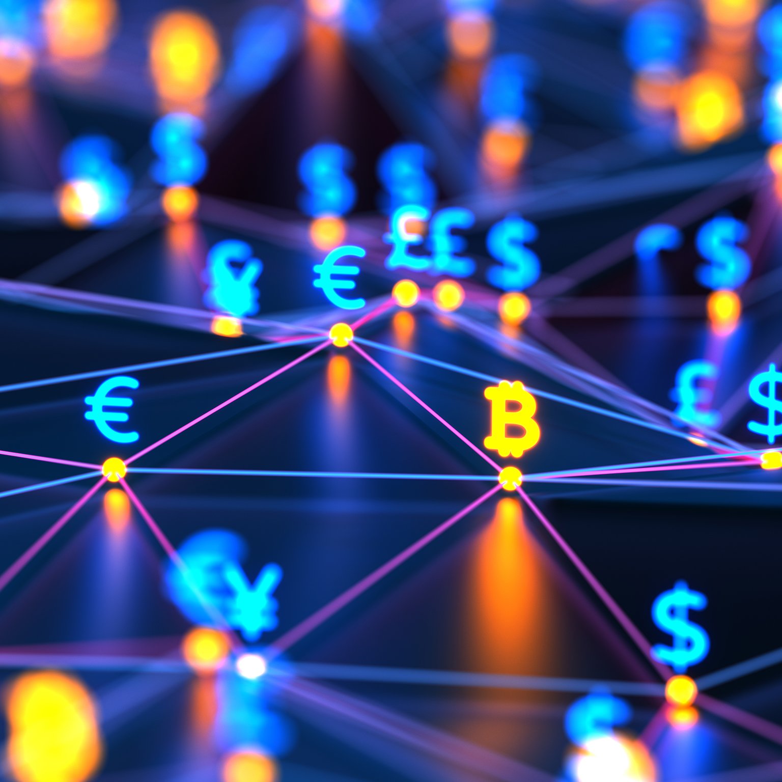 Futuristic digital nodes background with money signs. Blockchain connections technology and digital network. Bitcoin, dollar, euro, pound and yen signs glowing on the connection dots background. Security money concept.